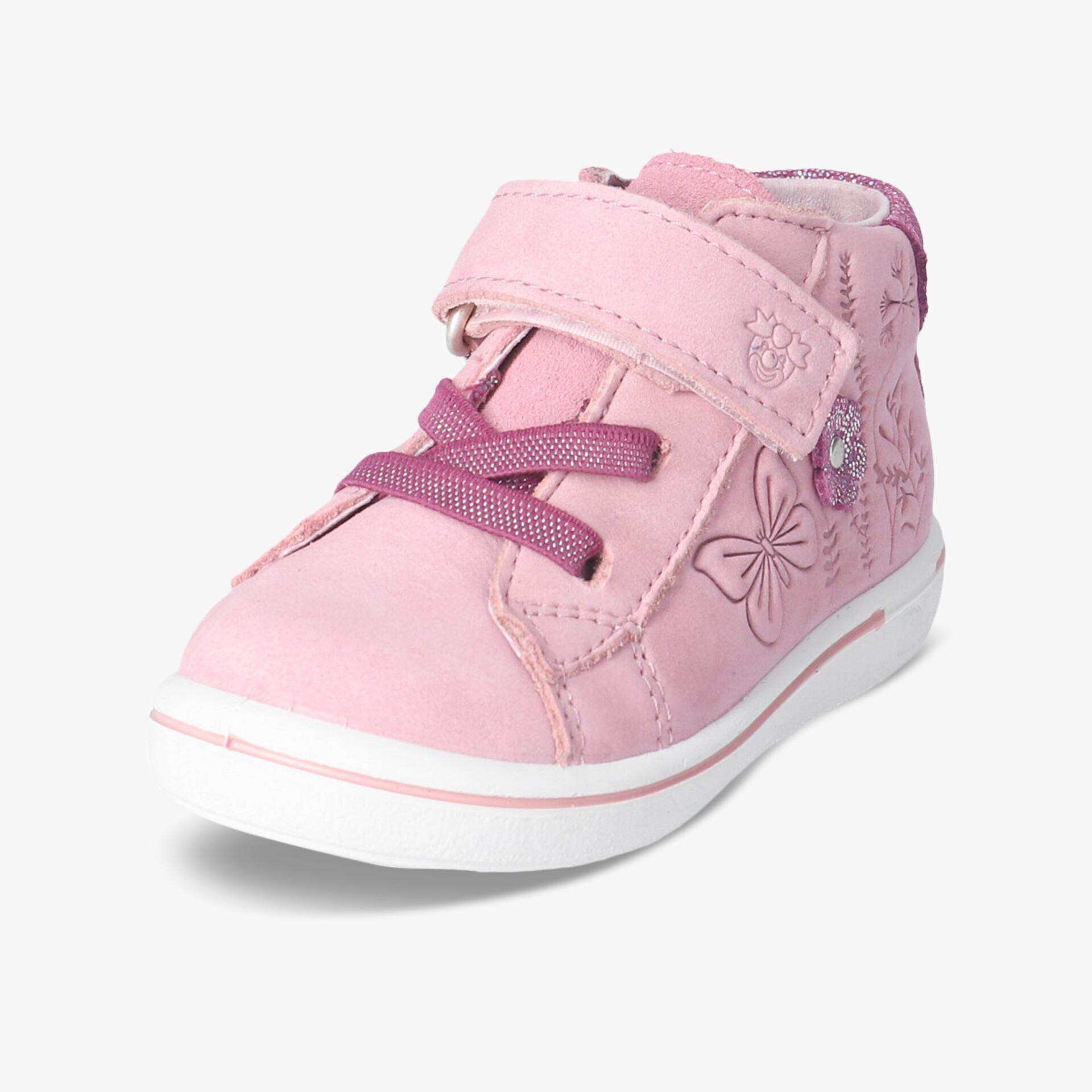 Bequemer pinker Kinderschuh mit Klettverschluss und elegantem Schmetterlingsmotiv für stilvolles Auftreten.