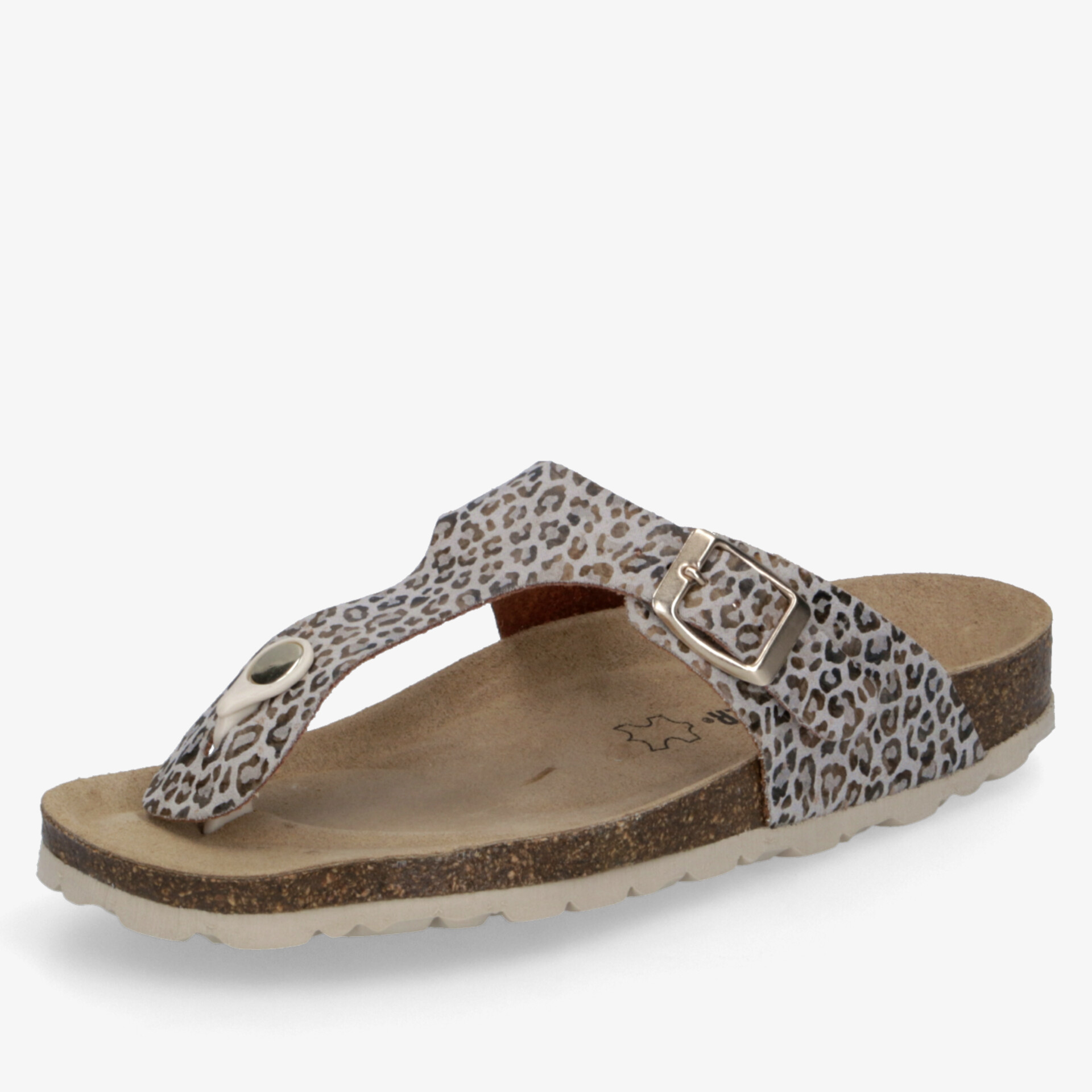 Bequeme Sandale mit verstellbarer Schnalle, weichem Fußbett und modischem Leopardenmuster in klarer Seitenansicht