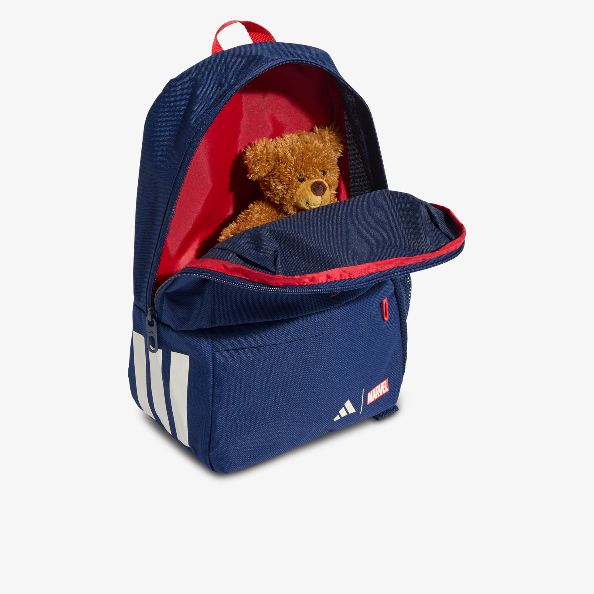 Sportlicher und geräumiger Rucksack in klassischem Dunkelblau mit rotem Innenfutter und Logo