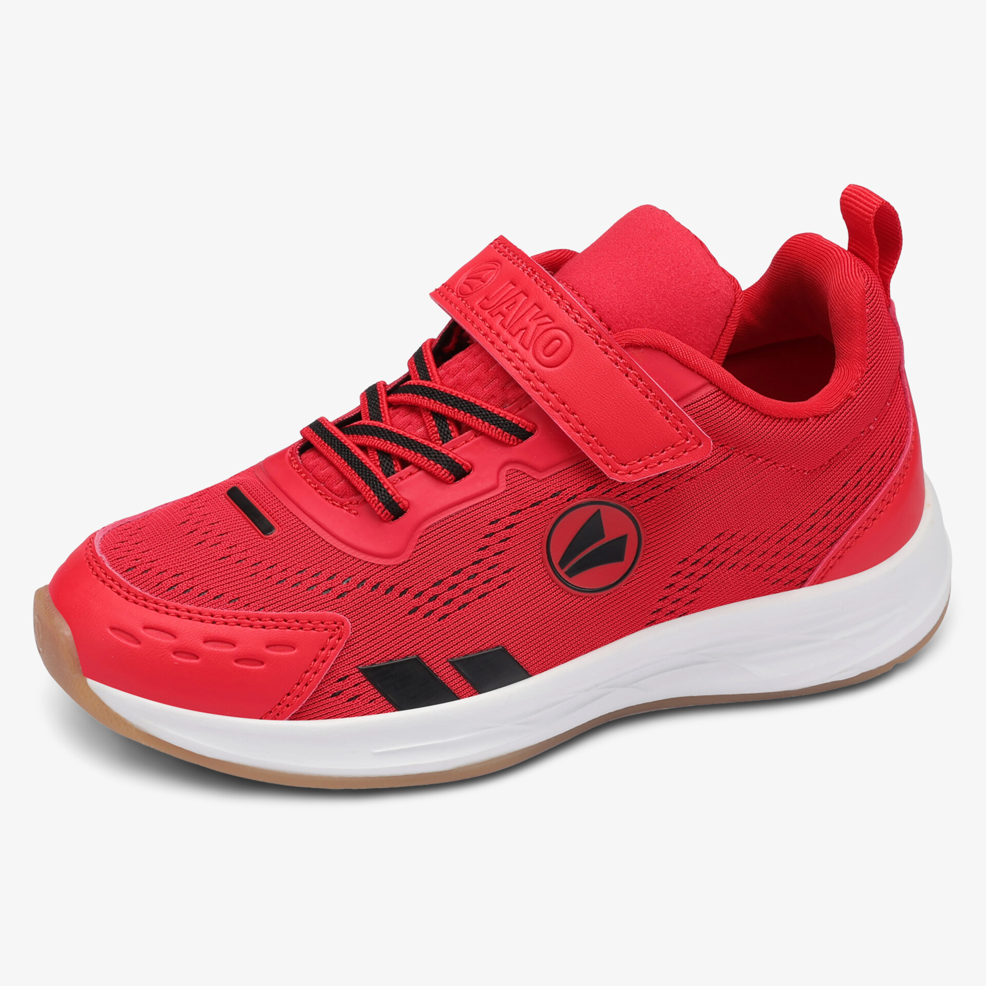 Roter sportlicher Schuh mit atmungsaktivem Material, bequemem Sitz und rutschfester Gummisohle, vorne sichtbar