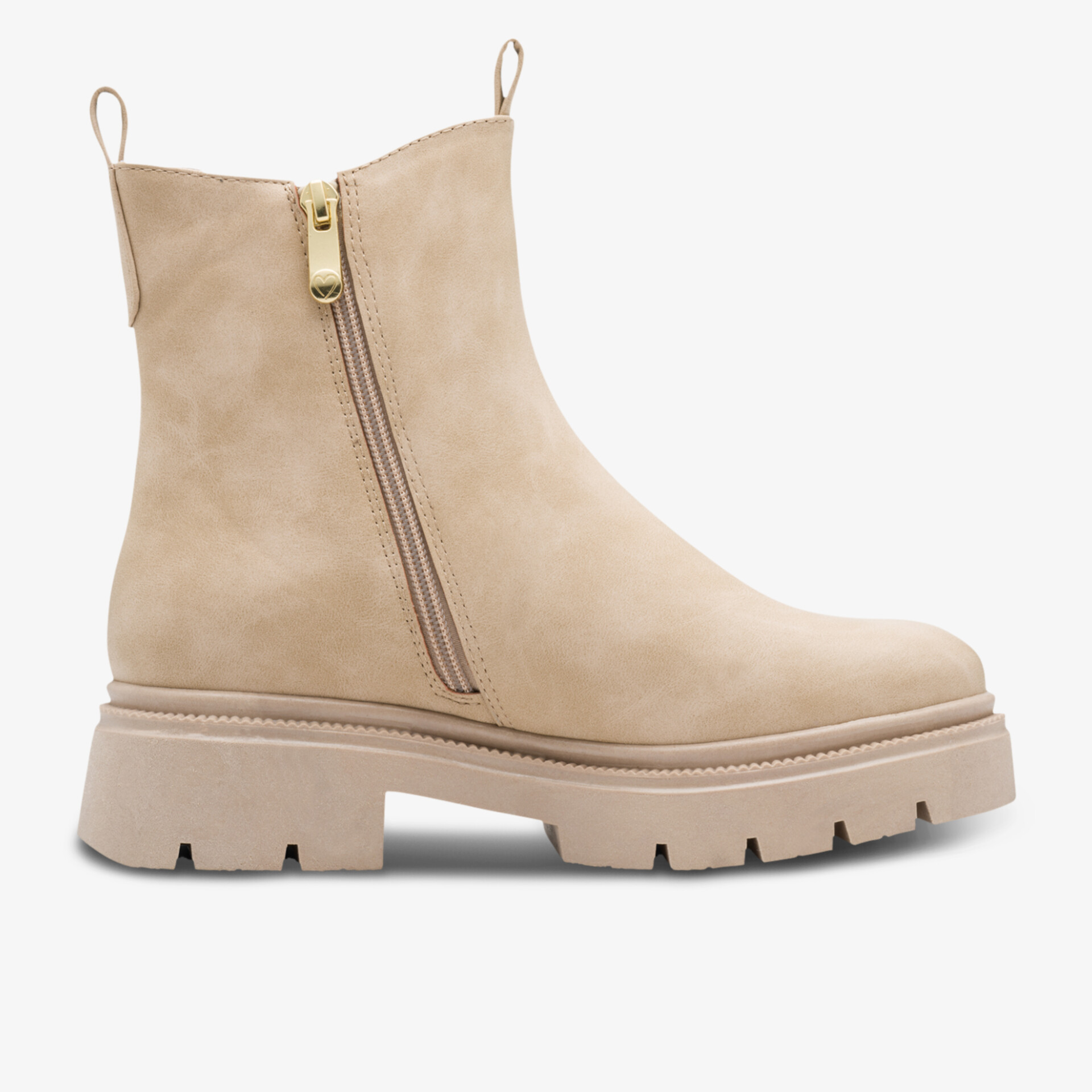 Beiger Boot mit seitlichem Reißverschluss und stabiler Sohle für komfortablen und modischen Auftritt