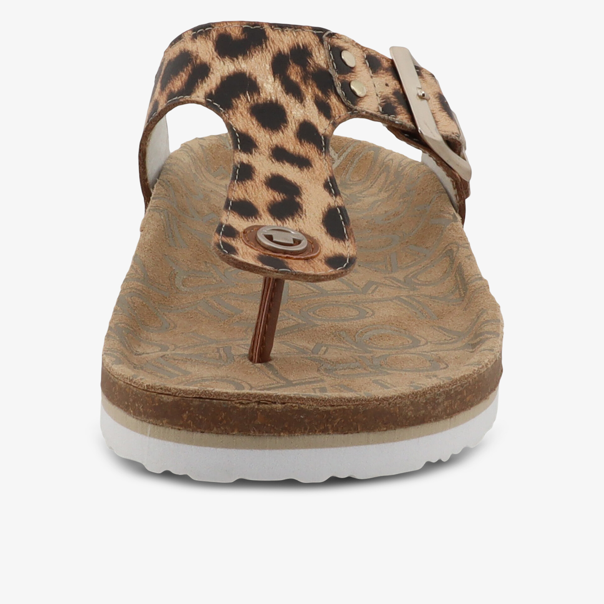 Frontansicht einer Zehensteg Sandale mit verstellbarem Leo-Riemen und gepolsterter Sohle für hohen Tragekomfort