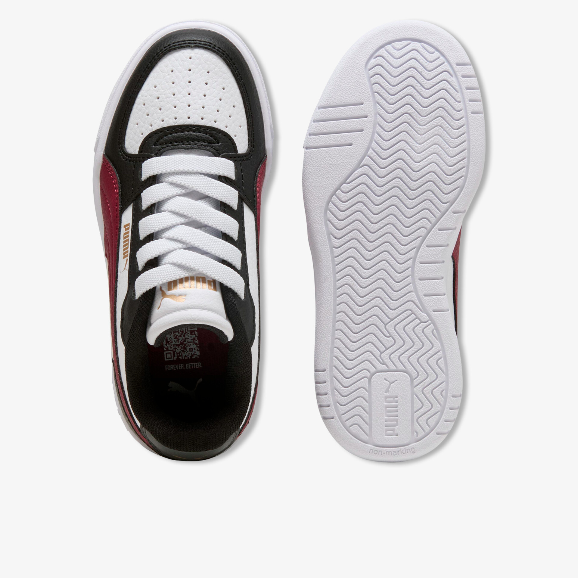 Obere Draufsicht auf Sneaker mit Schnürung und darunter Sohle mit Profil