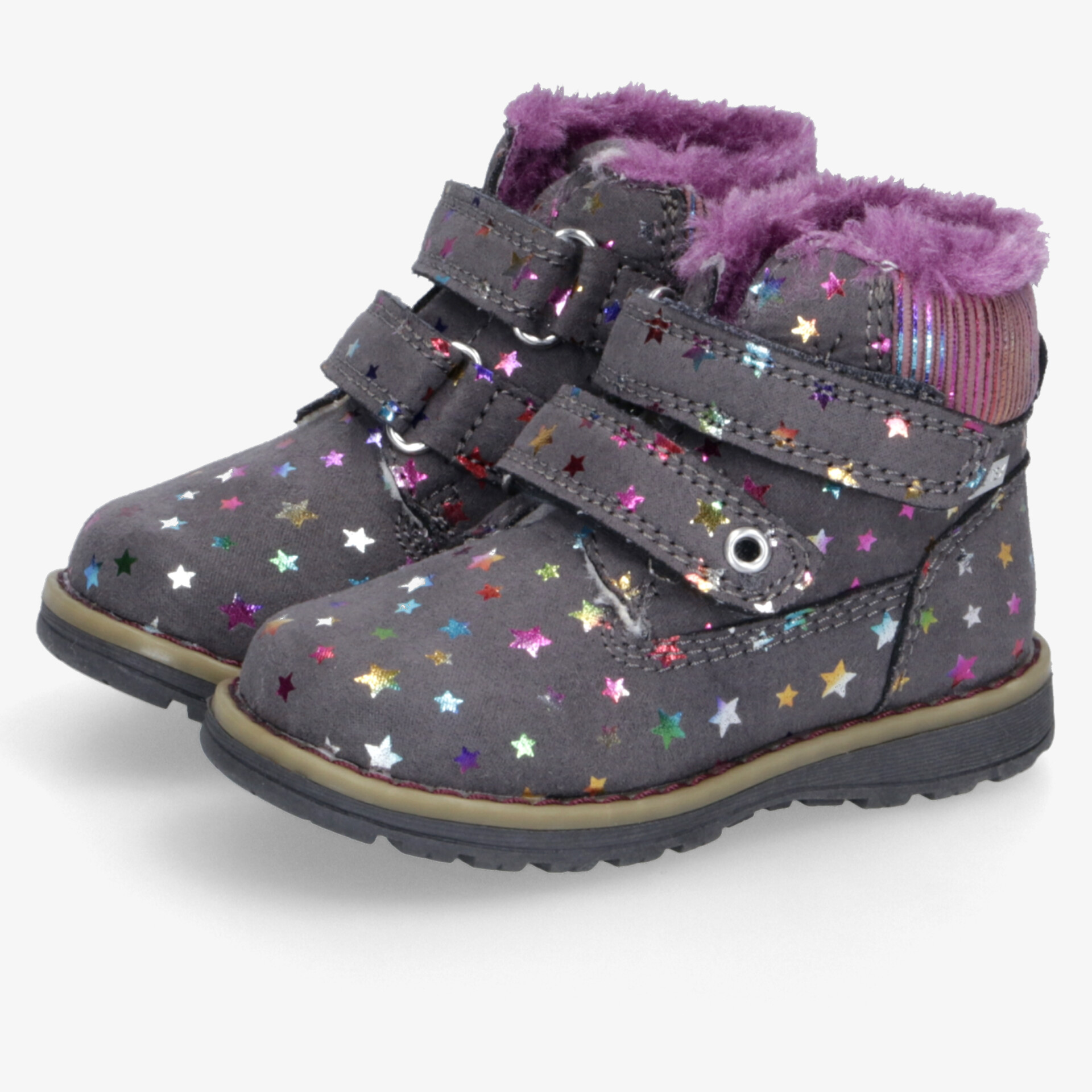 Warme gefütterte Kinderstiefel mit buntem Sternmuster und verstellbaren Klettverschlüssen für sicheren Halt