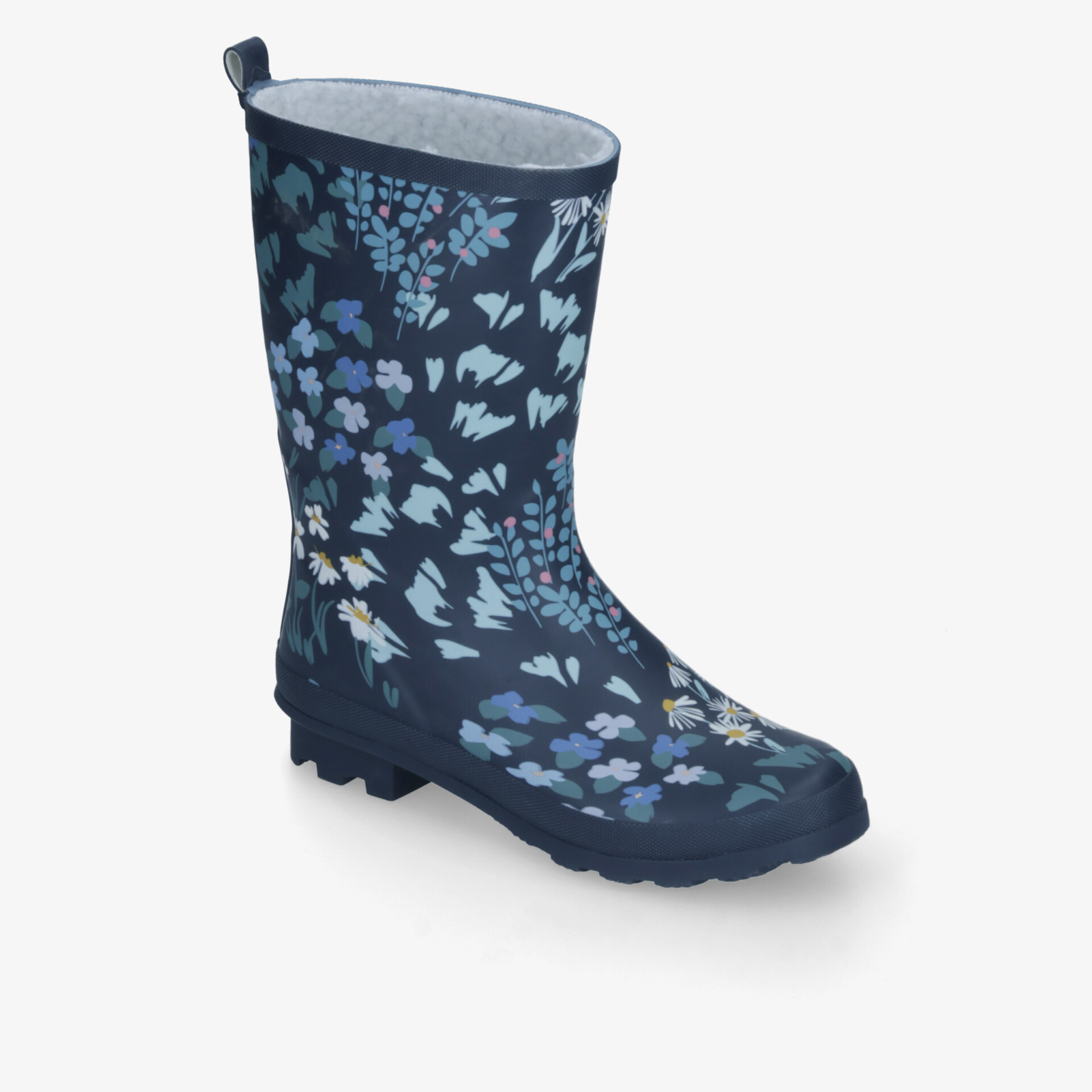Floral gemusterter Gummistiefel in Blau, ideal für nasse Bedingungen. Hoher Komfort und rutschfeste Sohle.