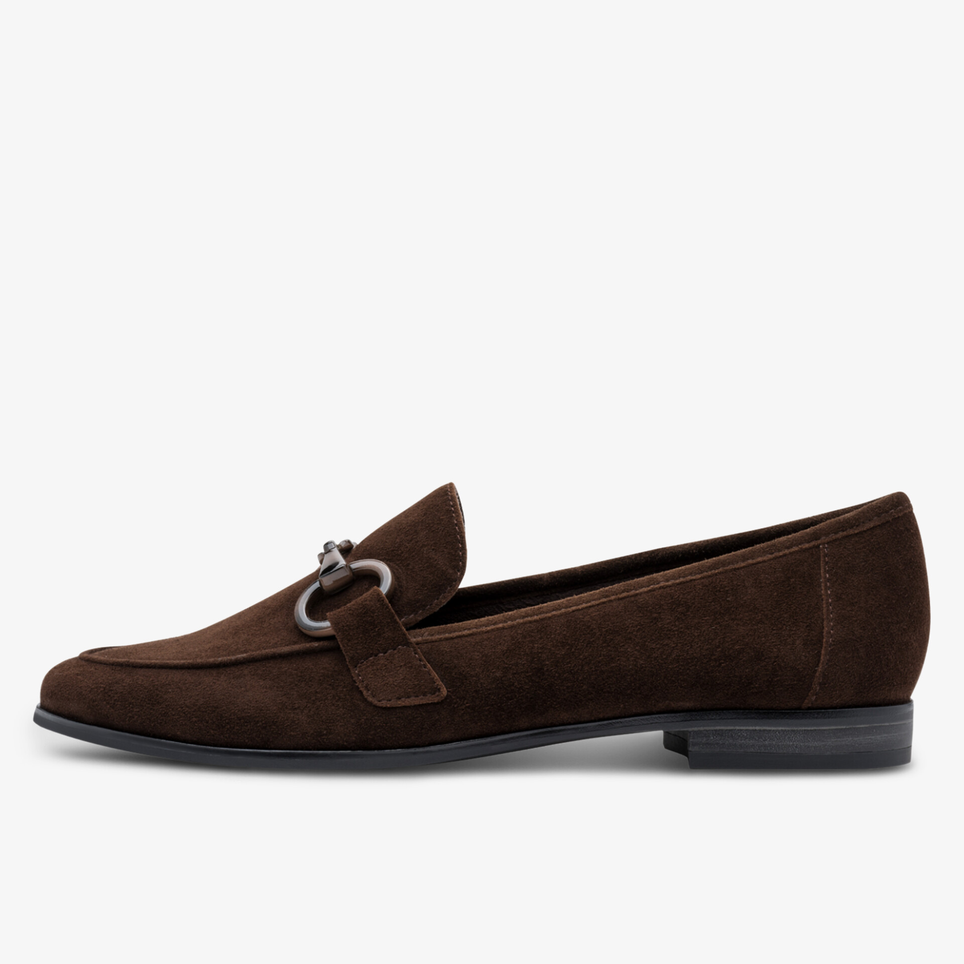 Eleganter brauner Veloursleder Loafer mit Gummisohle und schlichter Silhouette seitliche Ansicht