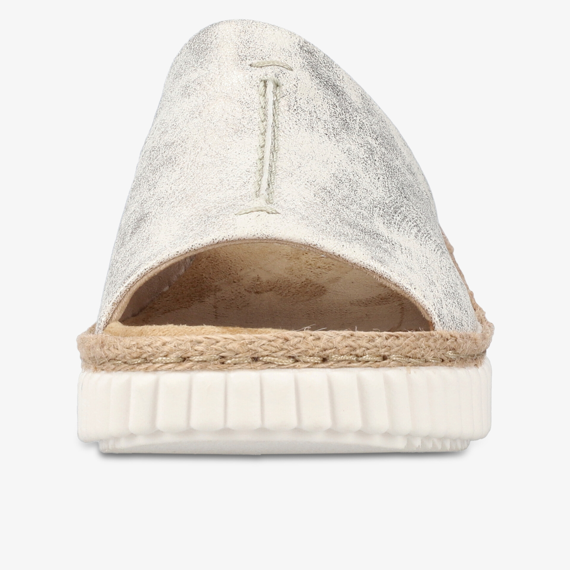 leichte Sandale mit offenem Zehenbereich, bastbesatz und profilierter Laufsohle, frontale Ansicht