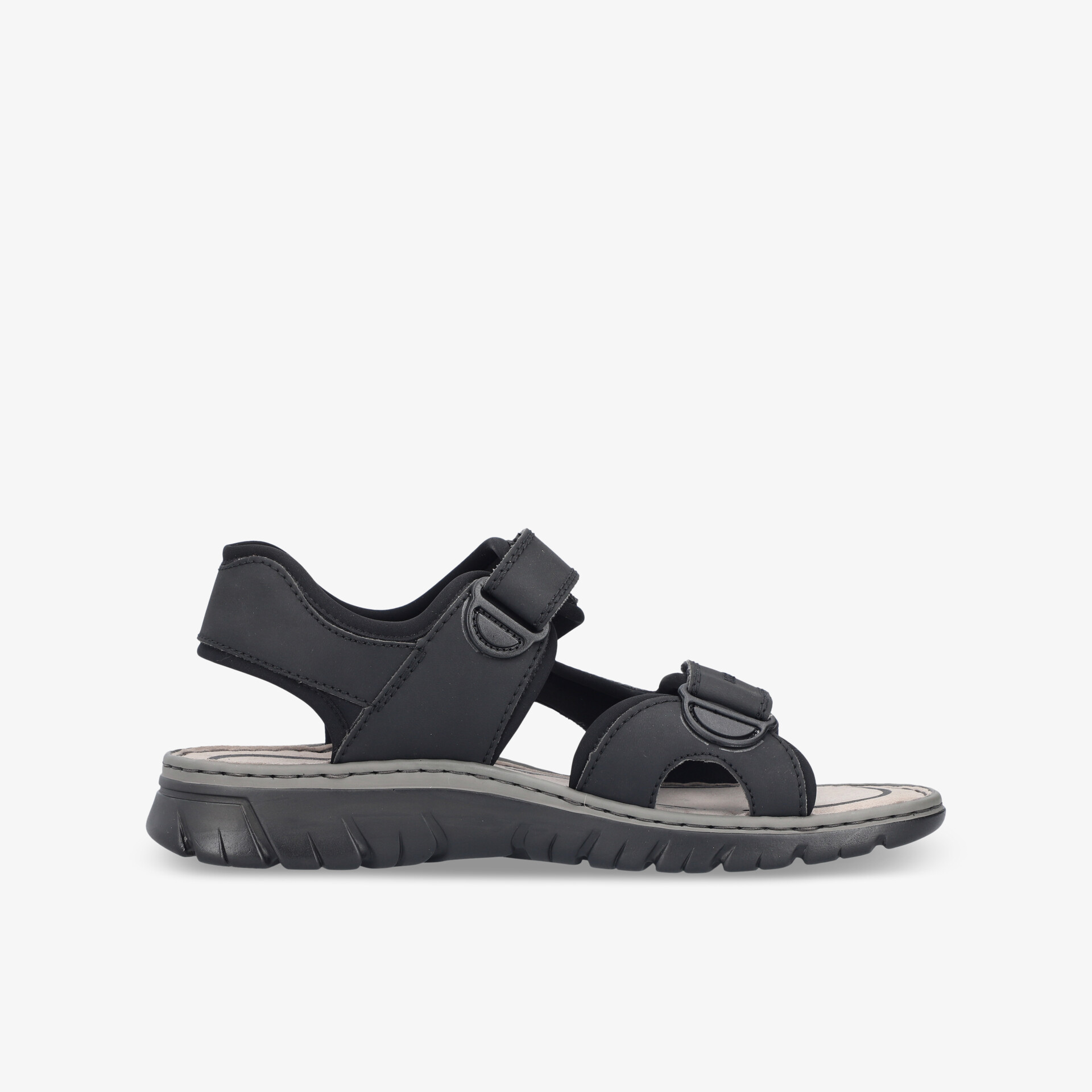 Schwarze sportliche Sandale mit verstellbaren Riemen und robuster rutschfester Sohle, seitliche Ansicht