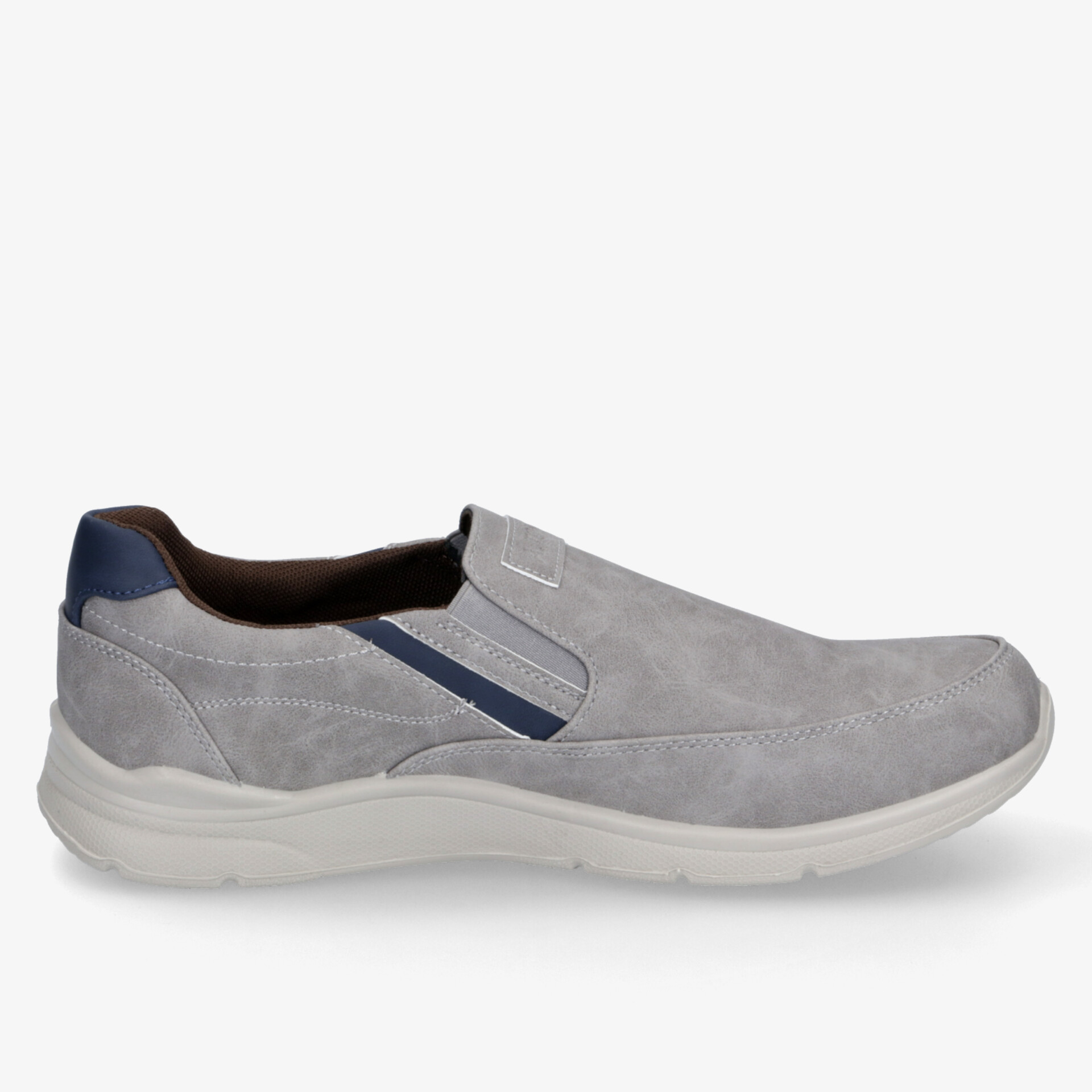 Grauer Slipper mit elastischem Einsatz und leichter Sohle für hohen Tragekomfort und modernes Design seitlich