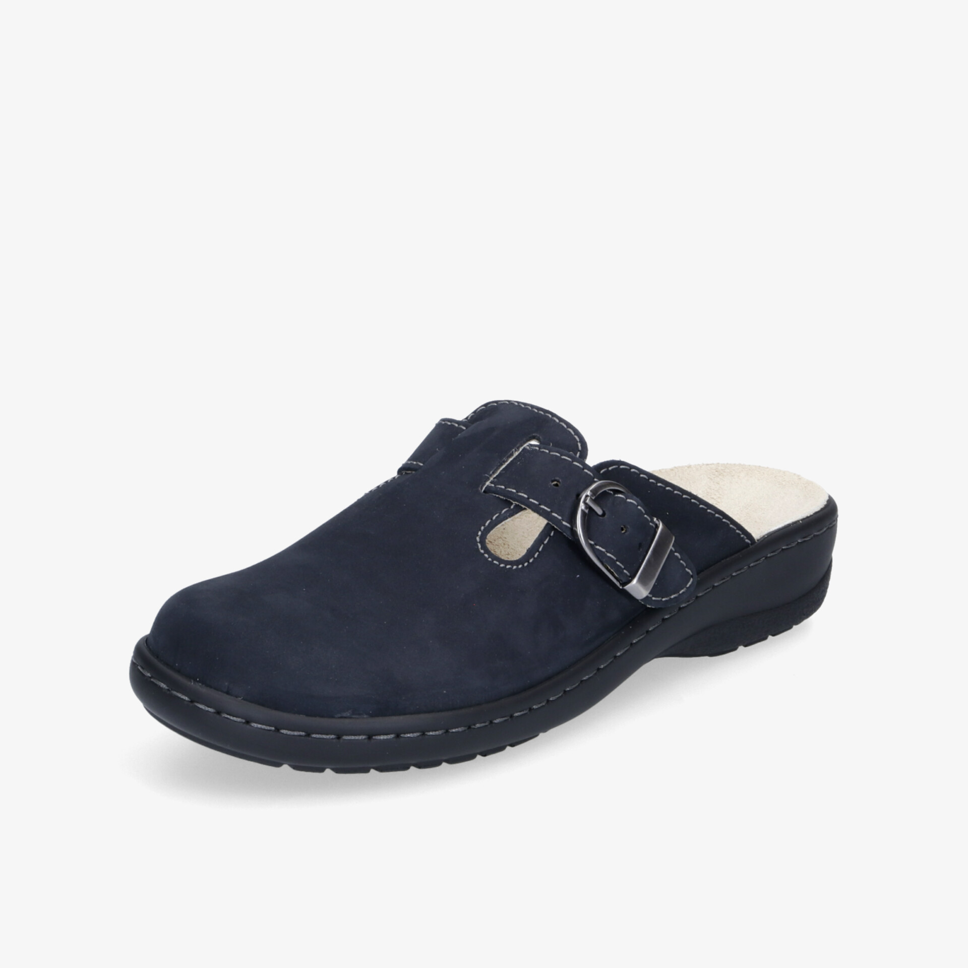 Eleganter Clog in Dunkelblau mit verstellbarem Riemen und rutschfester Sohle für hohen Tragekomfort.