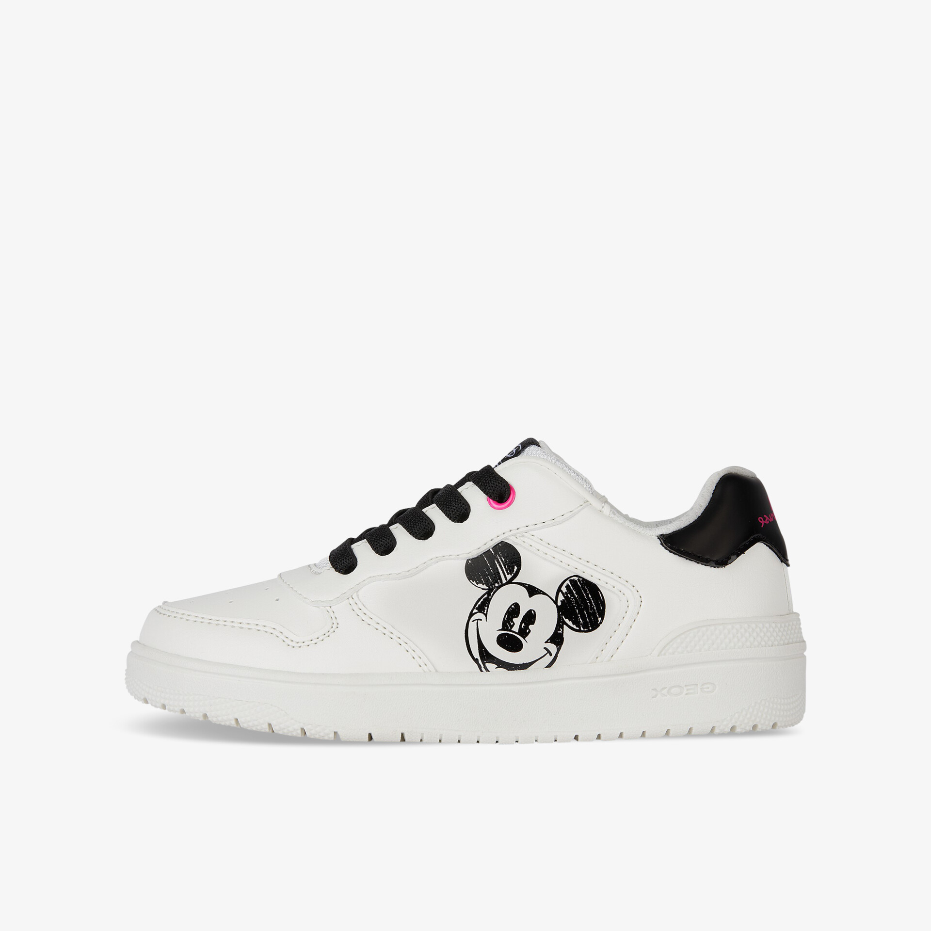 Stylische weiße Sneakers mit Mickey Mouse Design, ideal für Freizeit und Komfort, robuste Sohle.