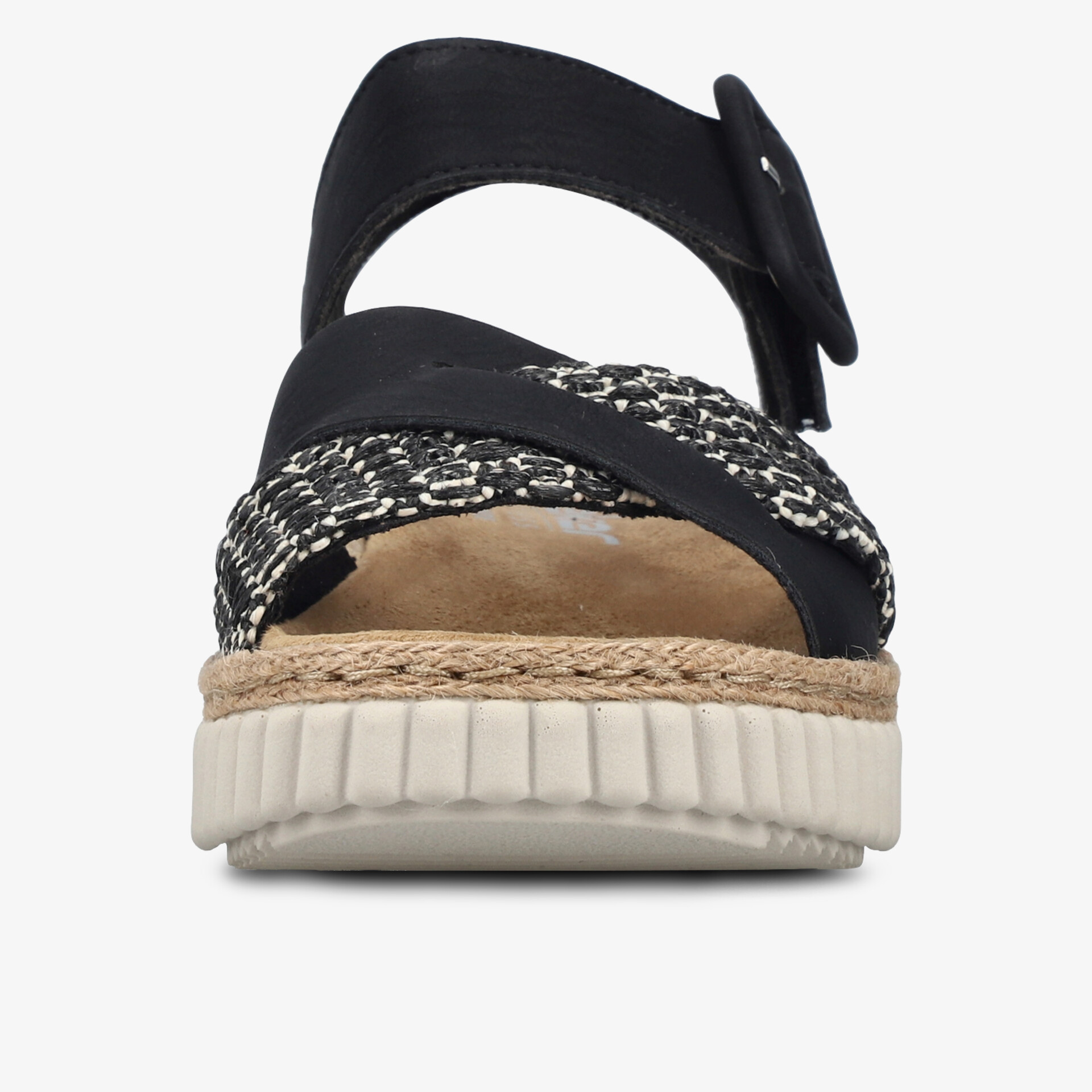 Bequeme schwarze Sandale mit weicher Innensohle und modischem Flechtdesign aus geflochtenem Material vorne