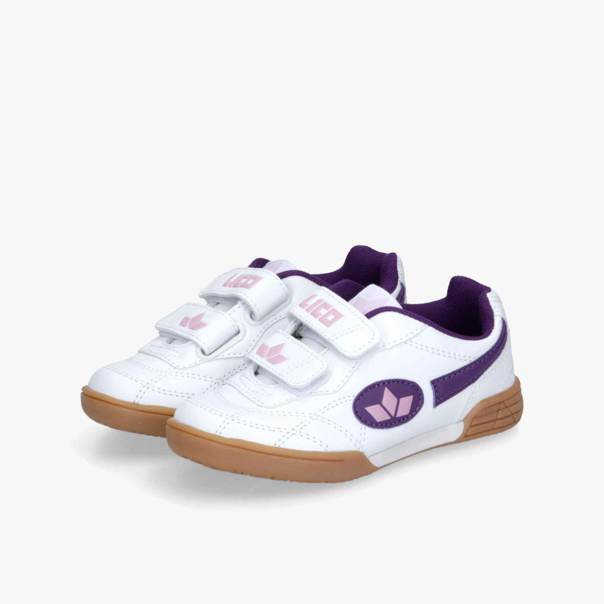 Zwei weiße Sportschuhe mit violetten Details und Gummisohle, leichte komfortable Schuhe mit Klettverschluss