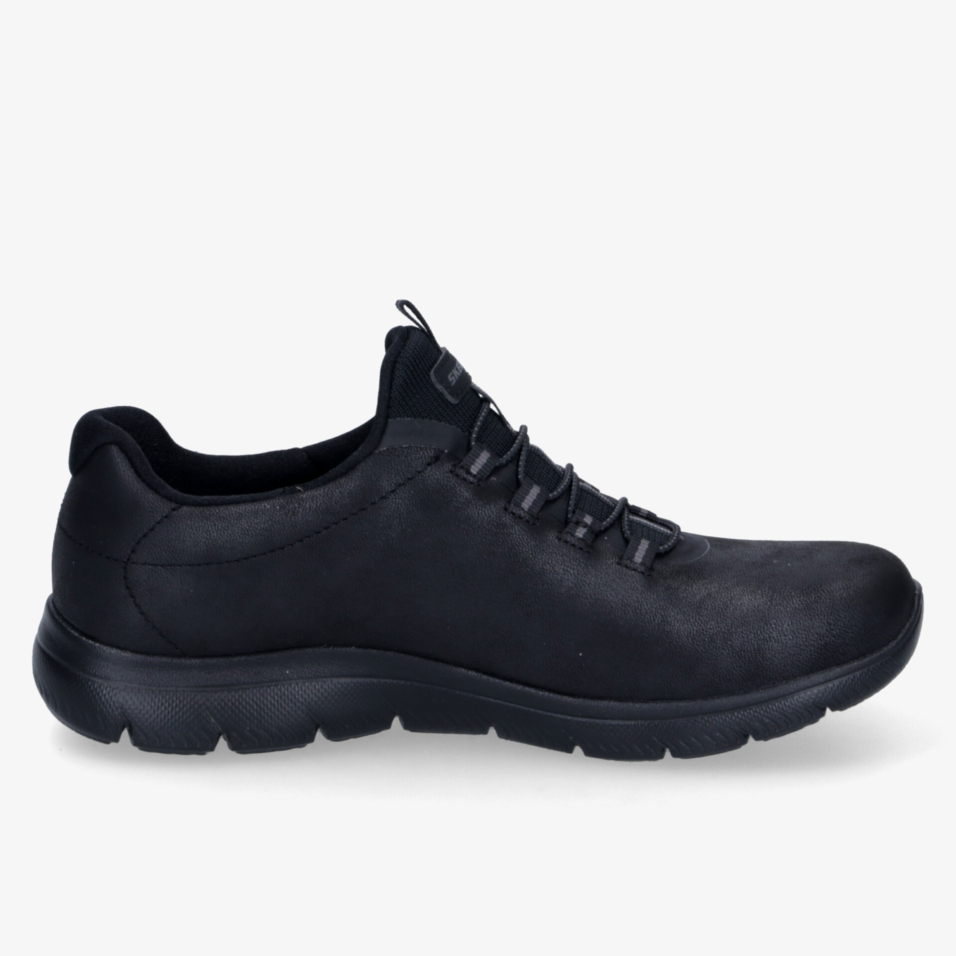 Schwarzer Sneaker mit flexiblem, rutschfestem Profil und leichtem, komfortablem Design in seitlicher Ansicht