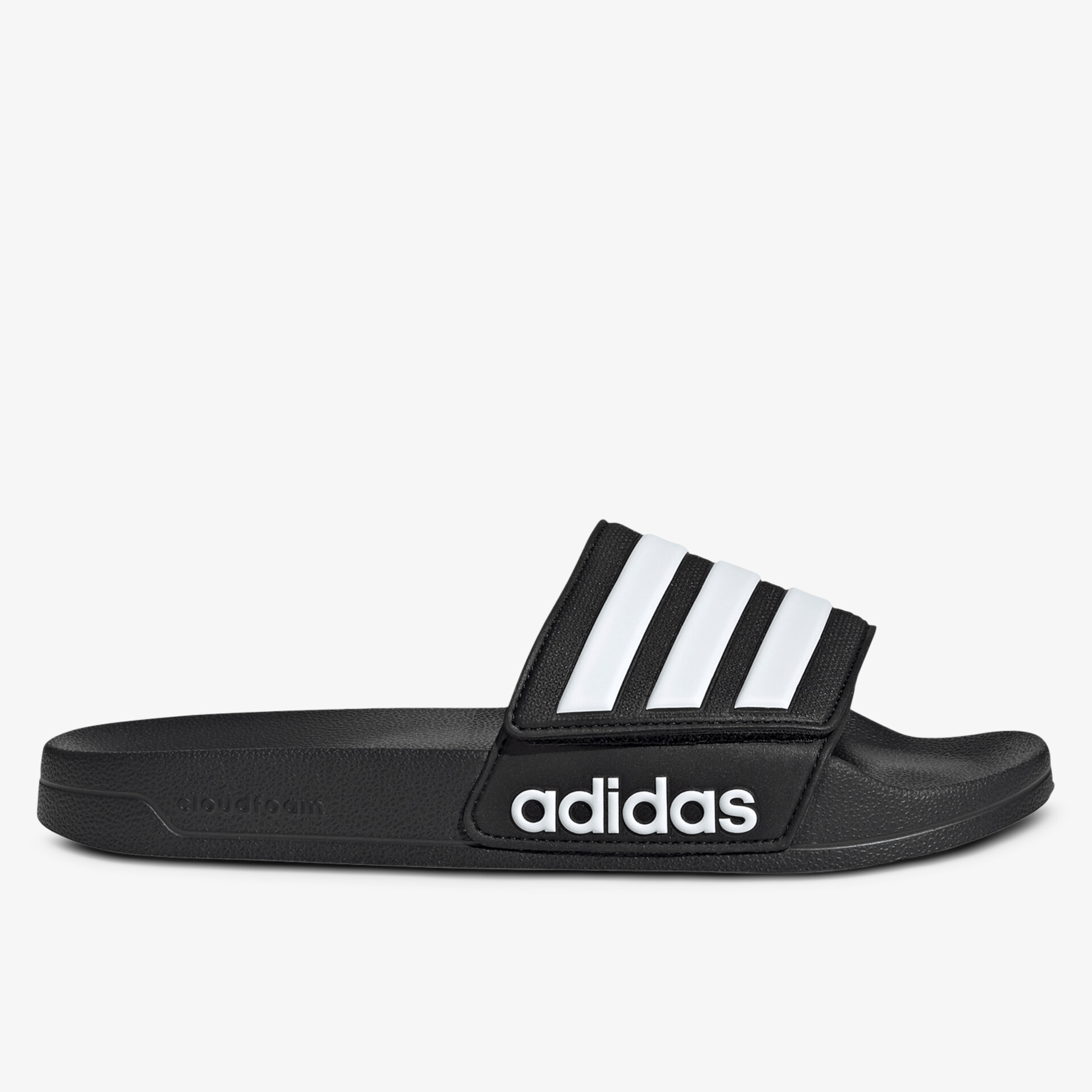 Schwarzer adidas Slide mit weißen Streifen, bequemer Freizeit-Schuh mit rutschfester Sohle und sportlichem Design
