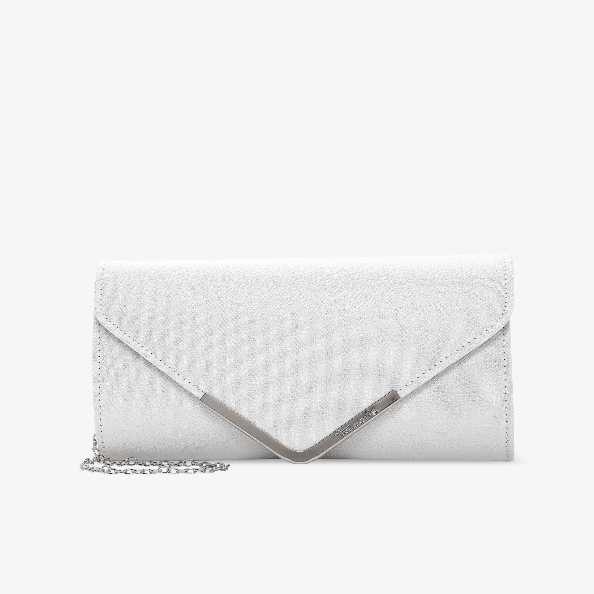 Elegante weiße Clutch mit Kettenriemen und modernem V-Detail, ideal für stilvolle Anlässe.