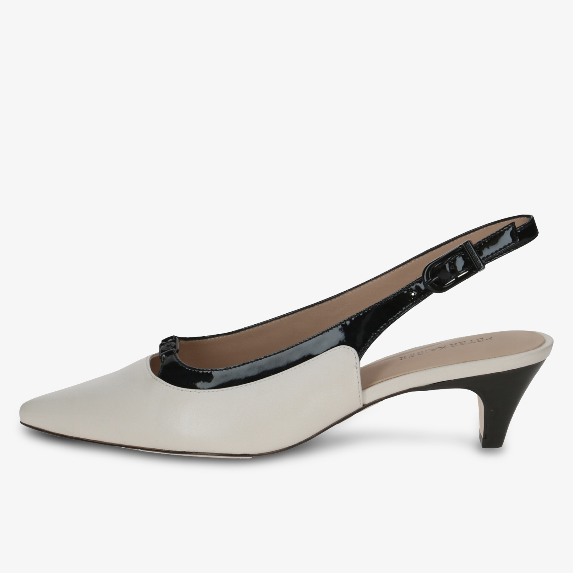 Eleganter zweifarbiger Slingback Pumps mit spitzem Vorderfuß und mittelhohem Absatz in seitlicher Ansicht