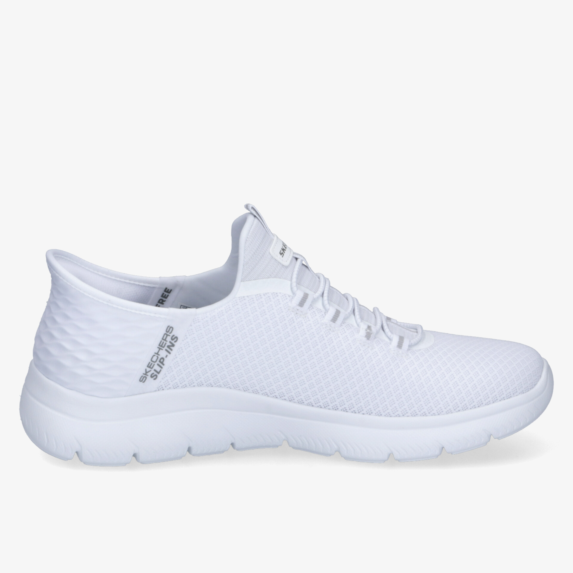 Leichter weißer Sneaker mit atmungsaktivem Material und flexibler, rutschfester Sohle, komfortable Passform seitlich sichtbar