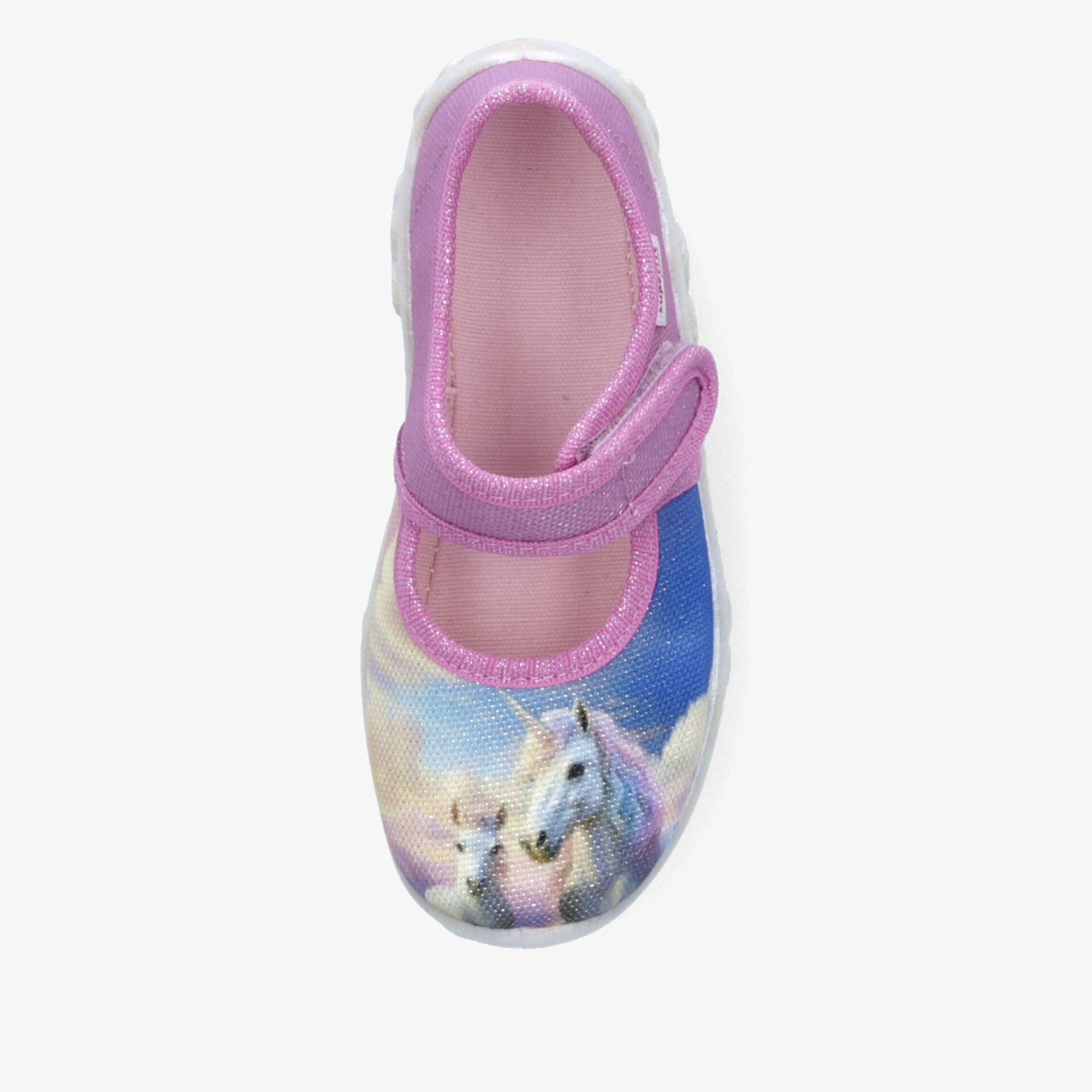 Einzelner Kinderschuh mit farbigem Einhorn-Motiv, Klettverschluss und weichem Innenfutter für angenehmen Tragekomfort