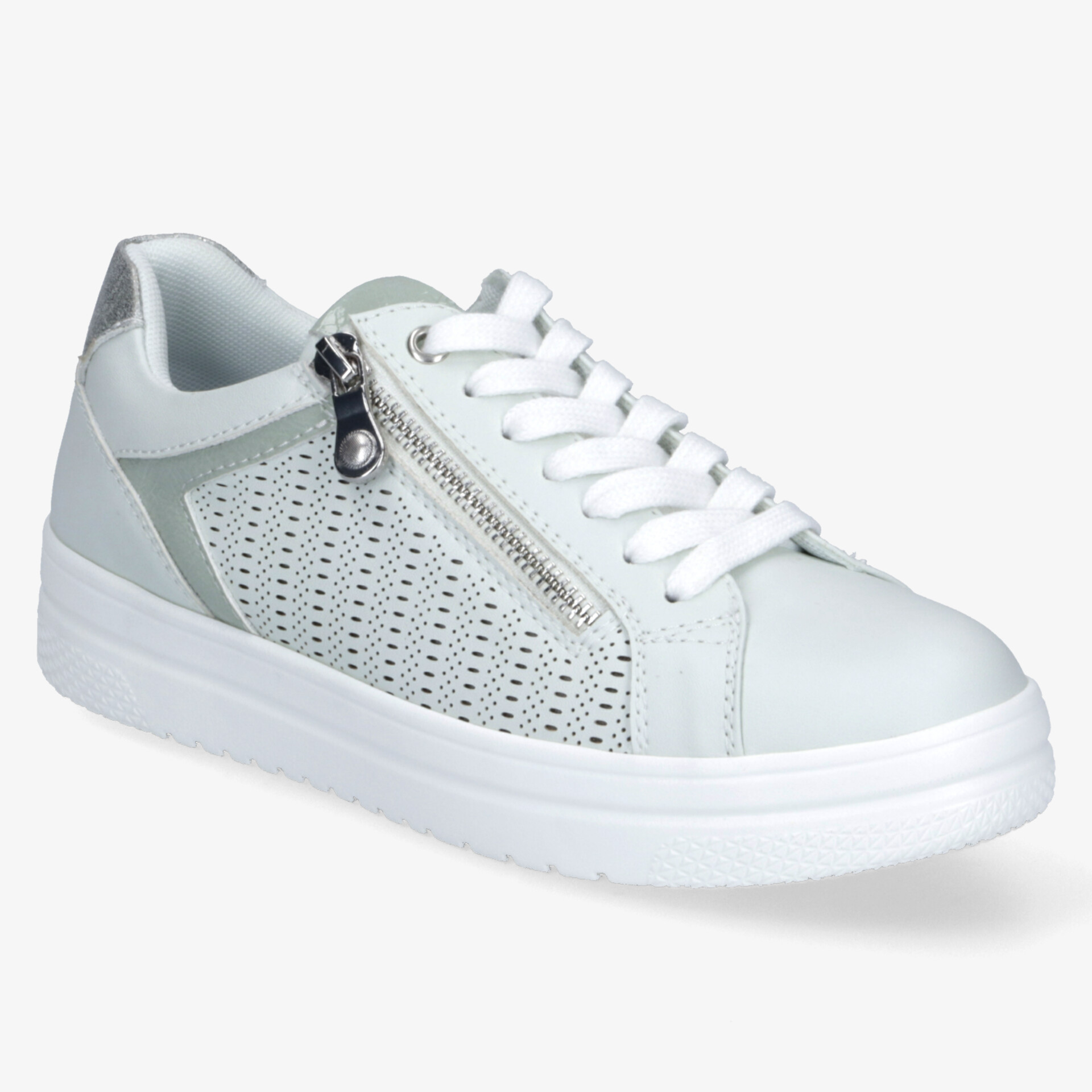 Moderner weißer Sneaker mit Reißverschluss und perforiertem Design für Atmungsaktivität und Komfort.