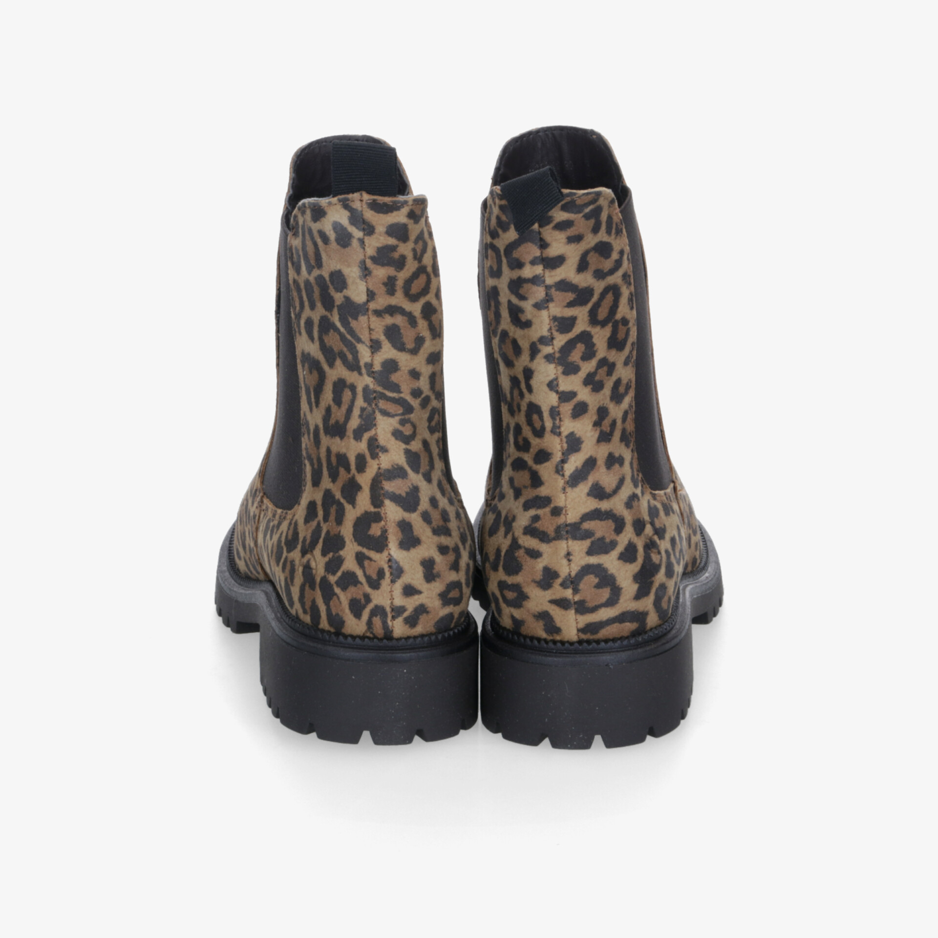 Rückansicht robuster Stiefel mit animal Print und rutschfester Profilsohle, komfortabel und stilvoll