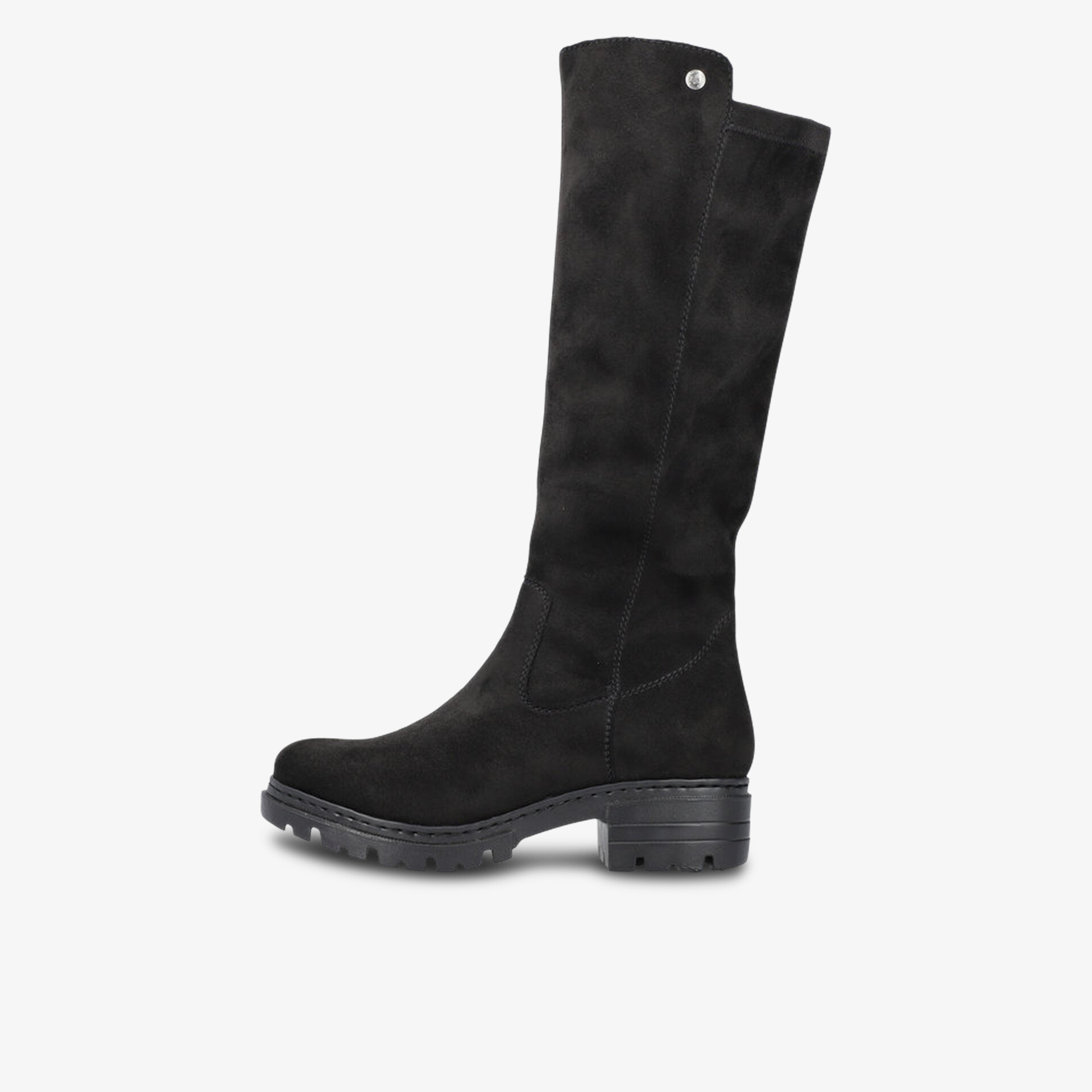 Kniehoher schwarzer Stiefel mit robustem Absatz und rutschfester profilierter Sohle, stilvoll und bequem