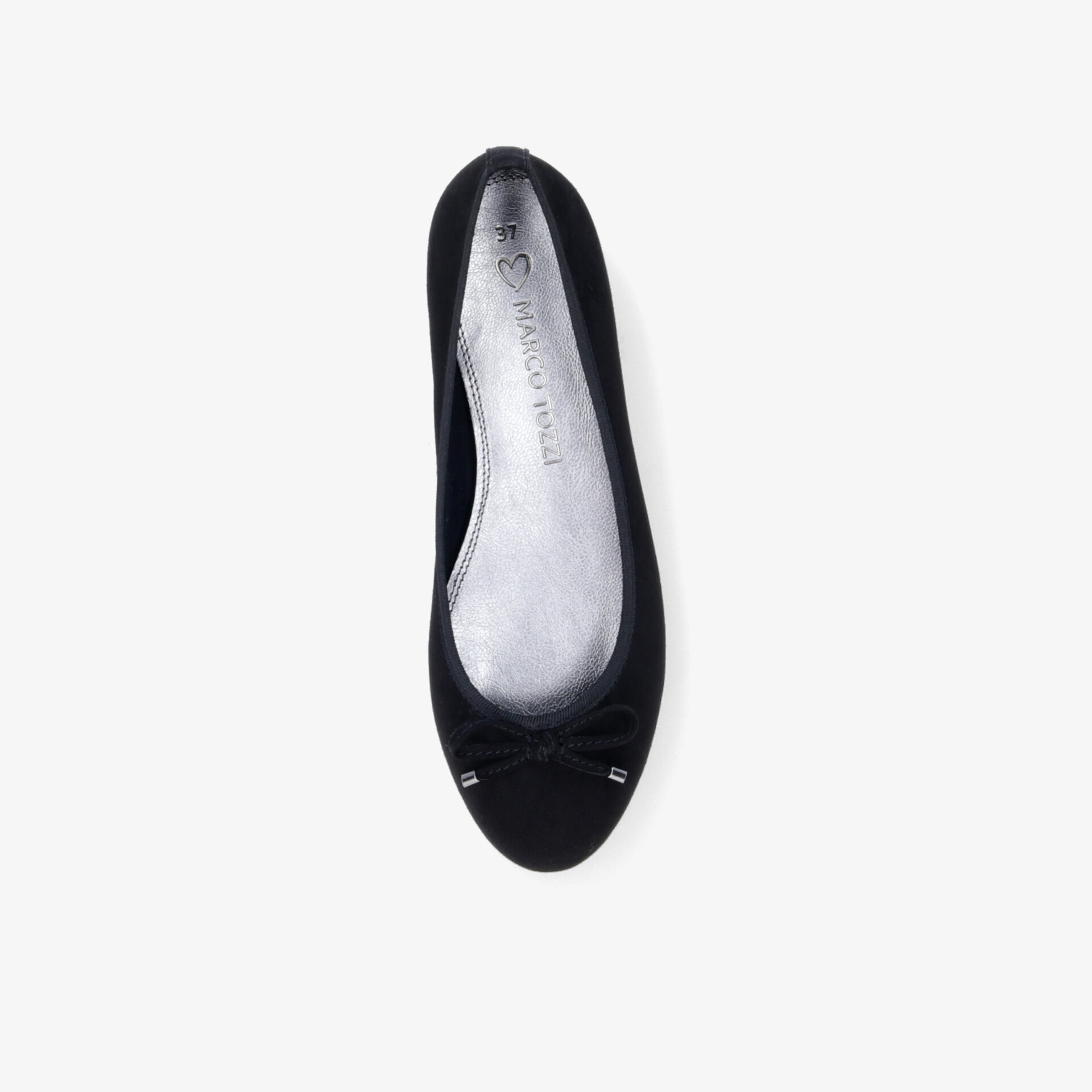Schwarzer, klassischer Ballerina-Schuh von oben, elegantes und komfortables Design für vielseitige Anlässe.