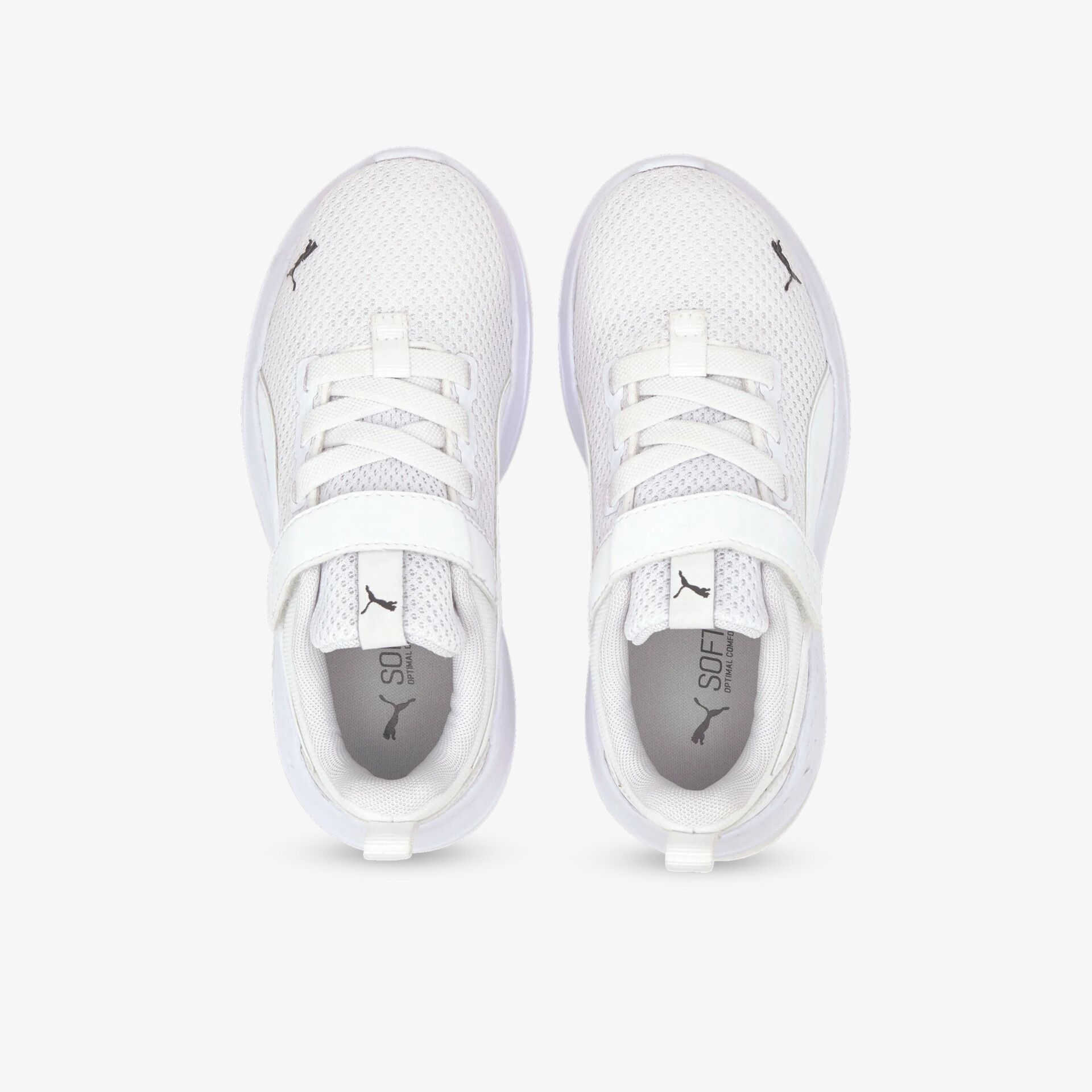 Top-Down Ansicht eines Paares weißer Sportschuhe mit leichtem Design und rutschfester Sohle, ideal für komfortables Tragen