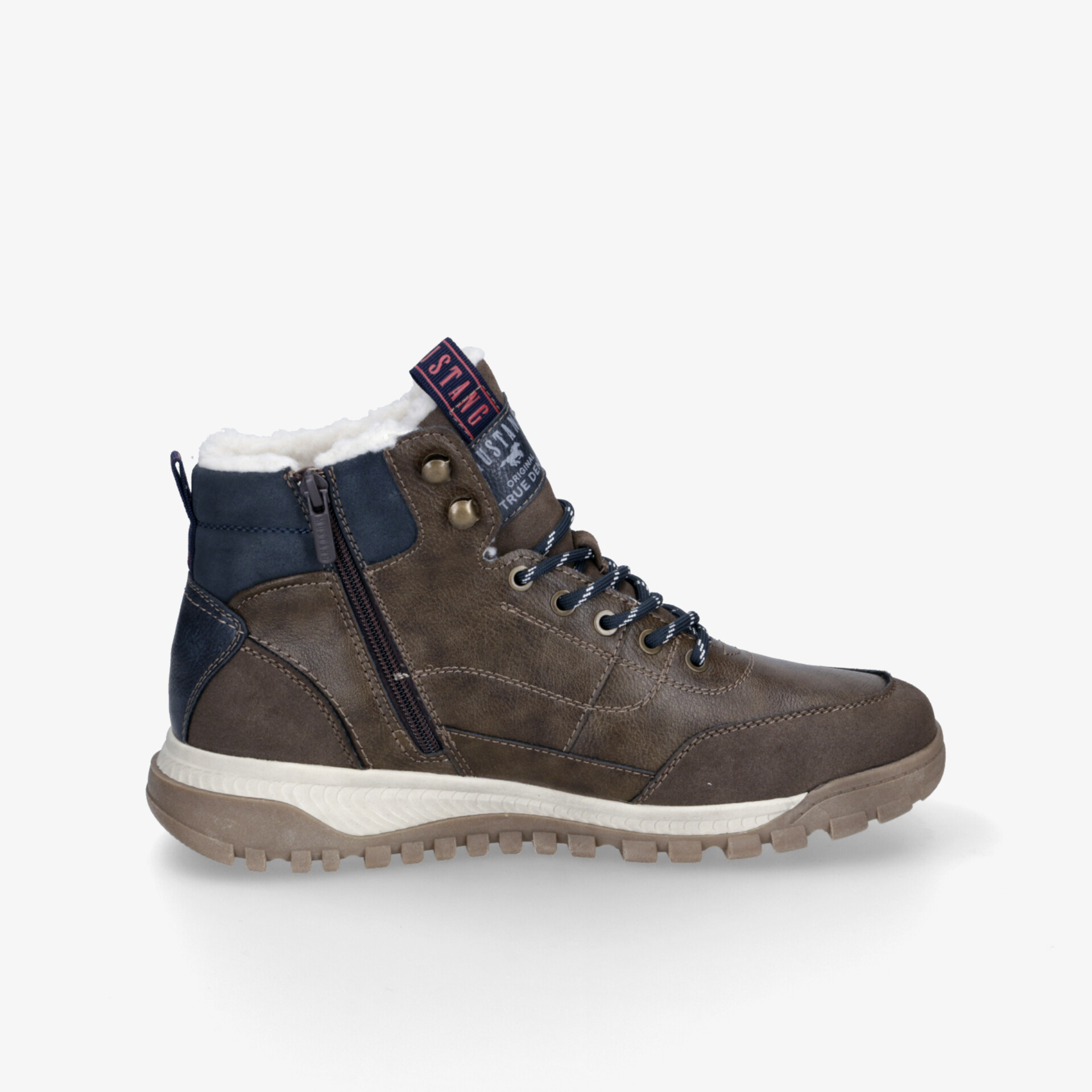 Robuster Winterstiefel mit warmem Futter, Reißverschluss und Schnürung, seitliche Ansicht, rutschfeste Profilsohle