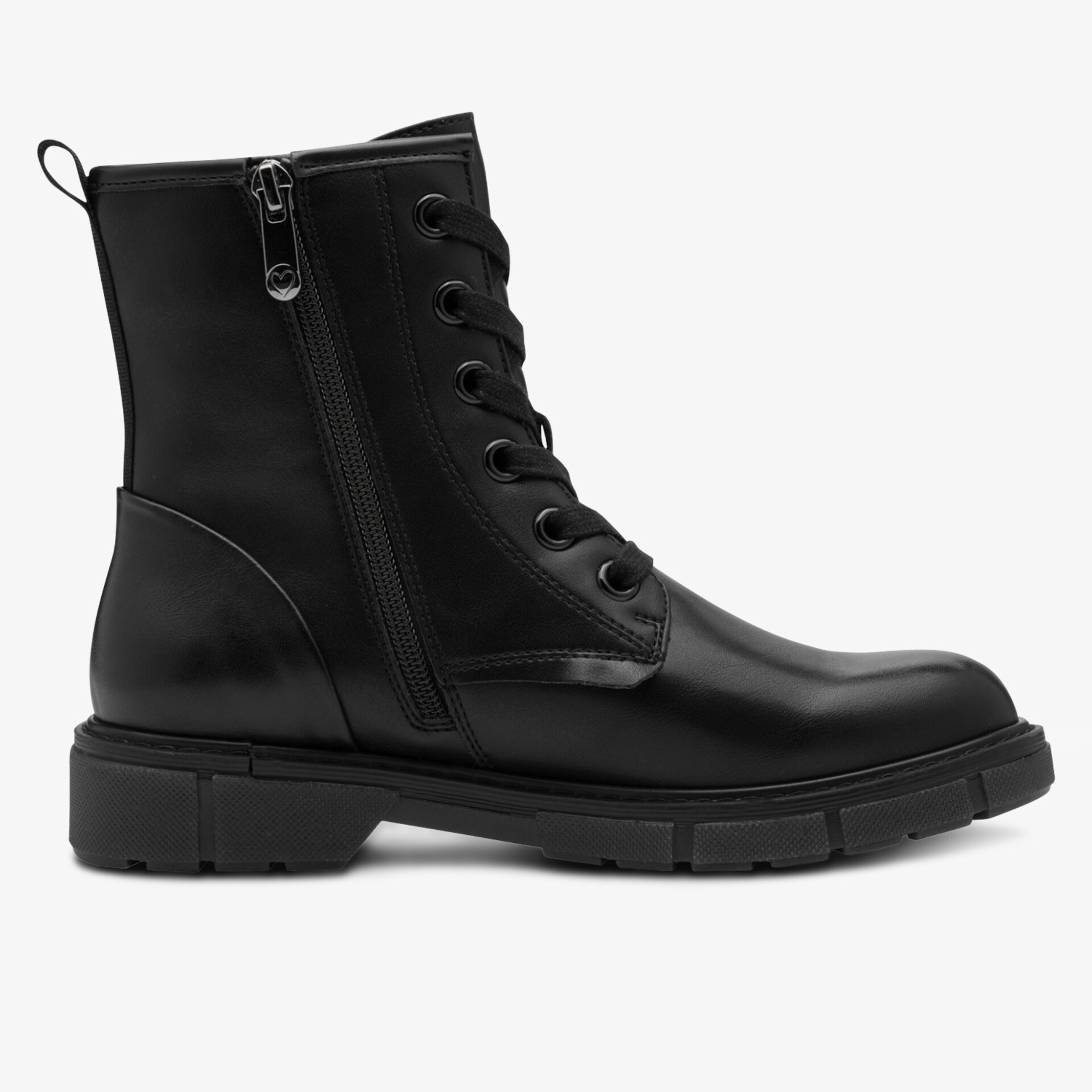 Robuster schwarzer Lederstiefel mit Schnürung und Reißverschluss, rutschfeste Profilsohle, seitliche Ansicht