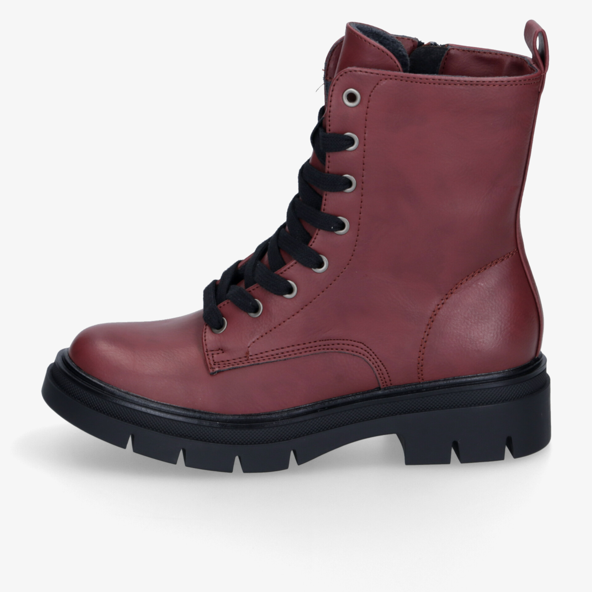 Robuster bordeauxfarbener Stiefel mit stabiler Schnürung, rutschfester Sohle und hohem Schaft, seitliche Ansicht