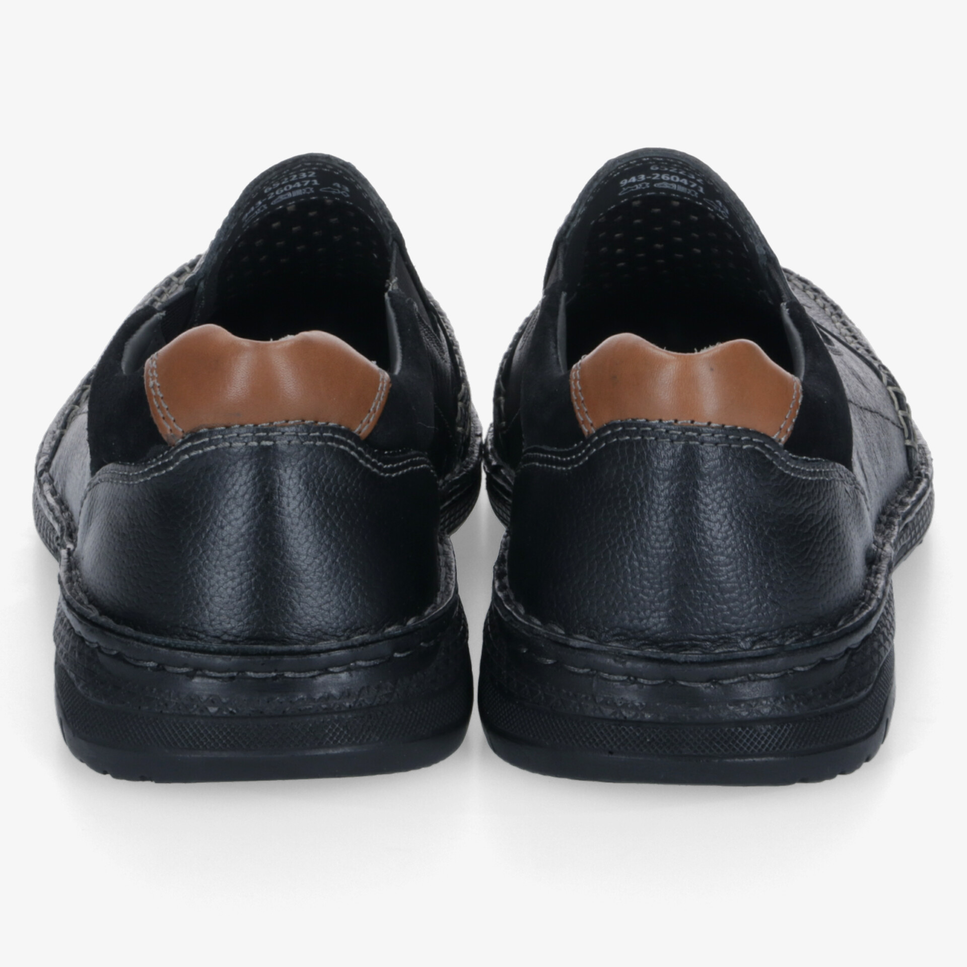 Robuste schwarze Lederschuhe von hinten mit gepolstertem Fersenbereich und strapazierfähiger Sohle, langlebig und komfortabel