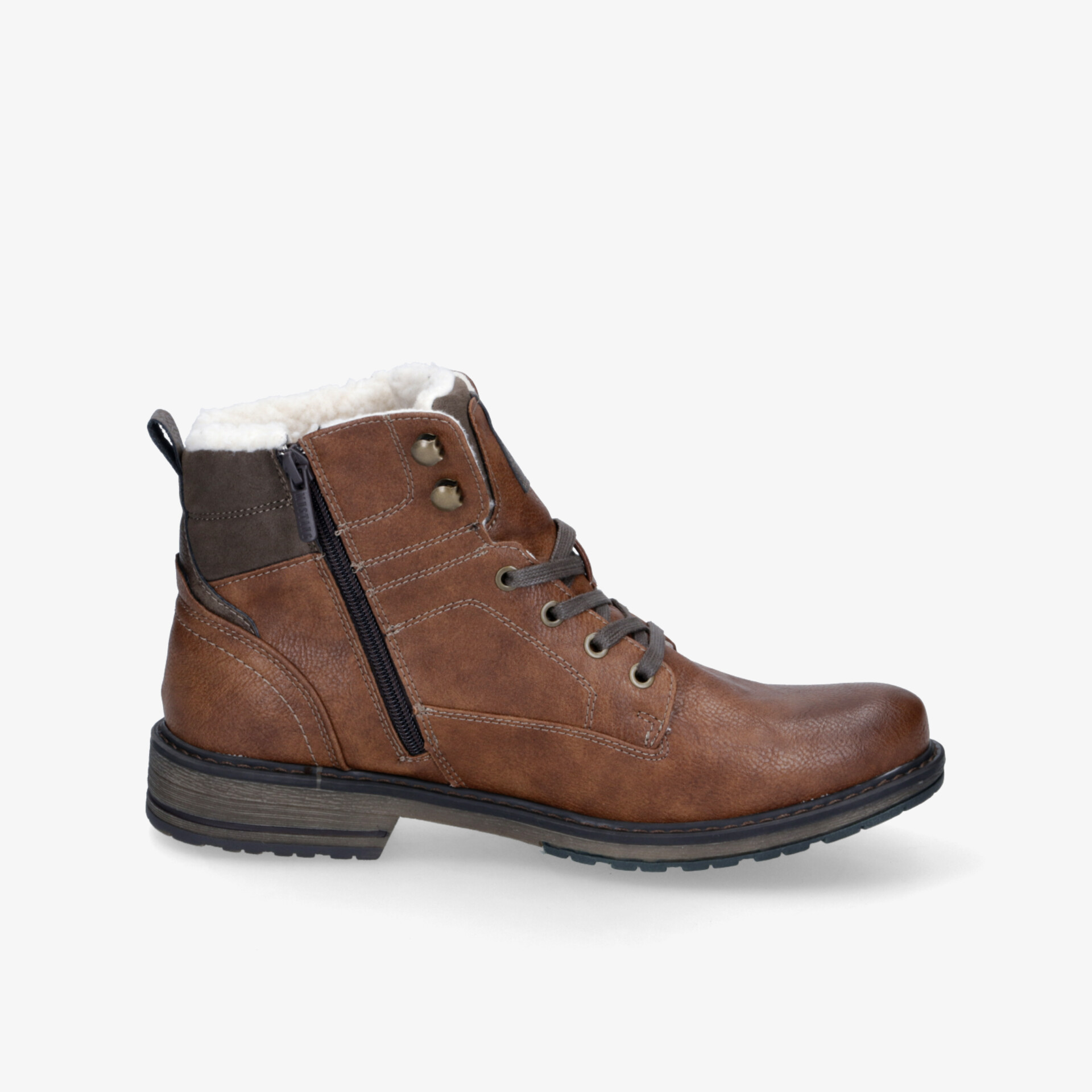 Brauner Lederstiefel mit Reißverschluss und Schnürung, warm gefüttert, rutschfeste Sohle, seitliche Ansicht