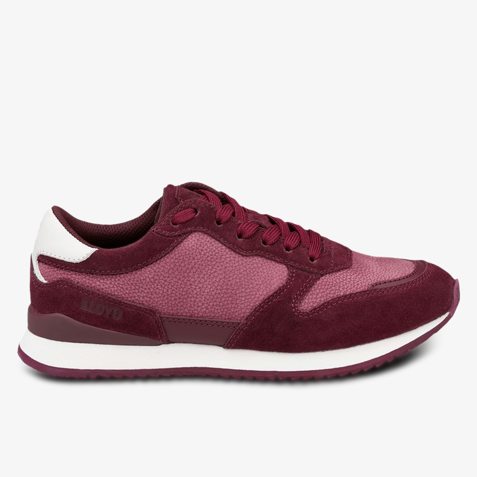 seitliche Ansicht eines leichten und bequemen sportlichen Sneakers in bordeauxrot mit weißer Ferse