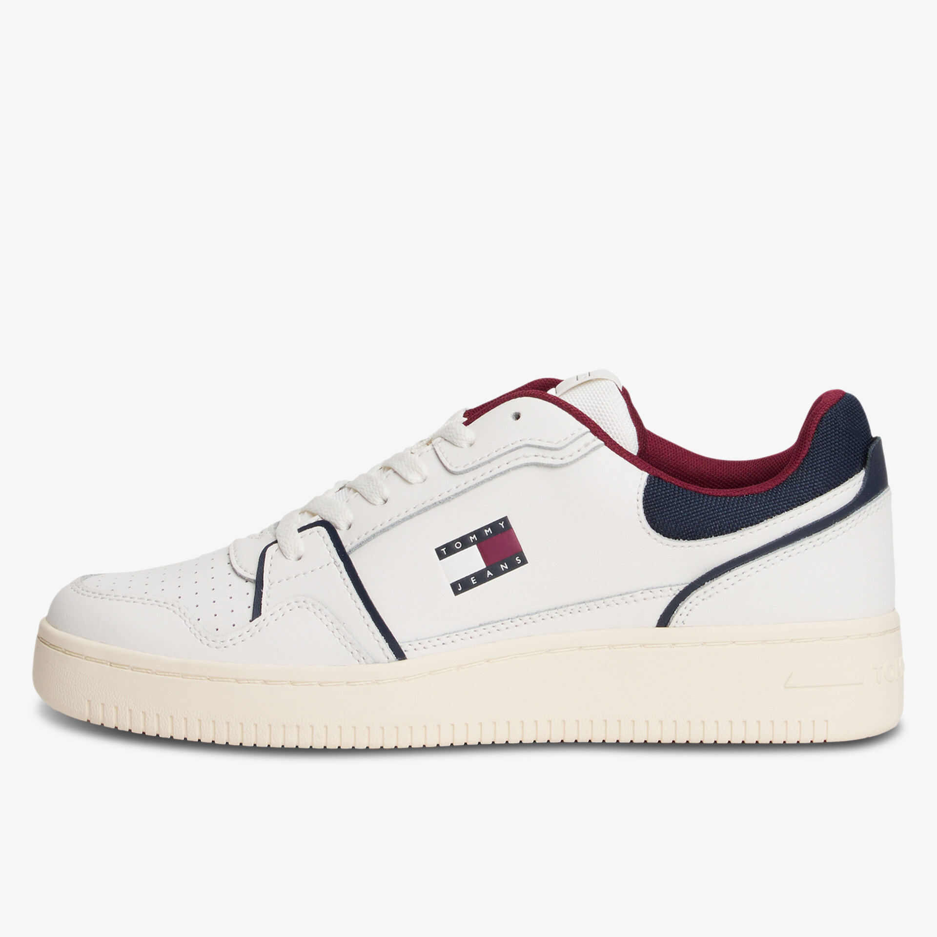 Moderner weißer Sneaker seitliche Ansicht mit gepolstertem Kragen und strapazierfähiger Sohle für hohen Tragekomfort