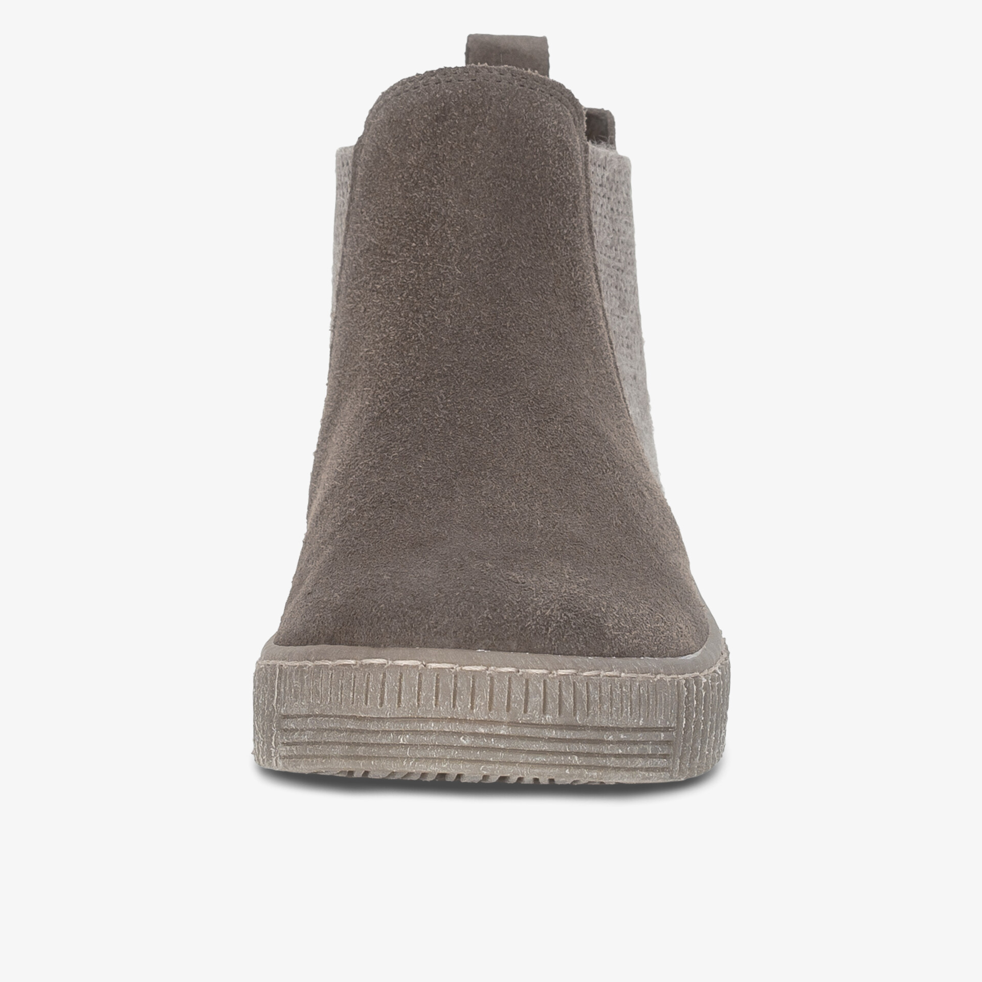 Eleganter grauer Chelsea Boot aus weichem Veloursleder mit rutschfester Gummisohle in Frontansicht