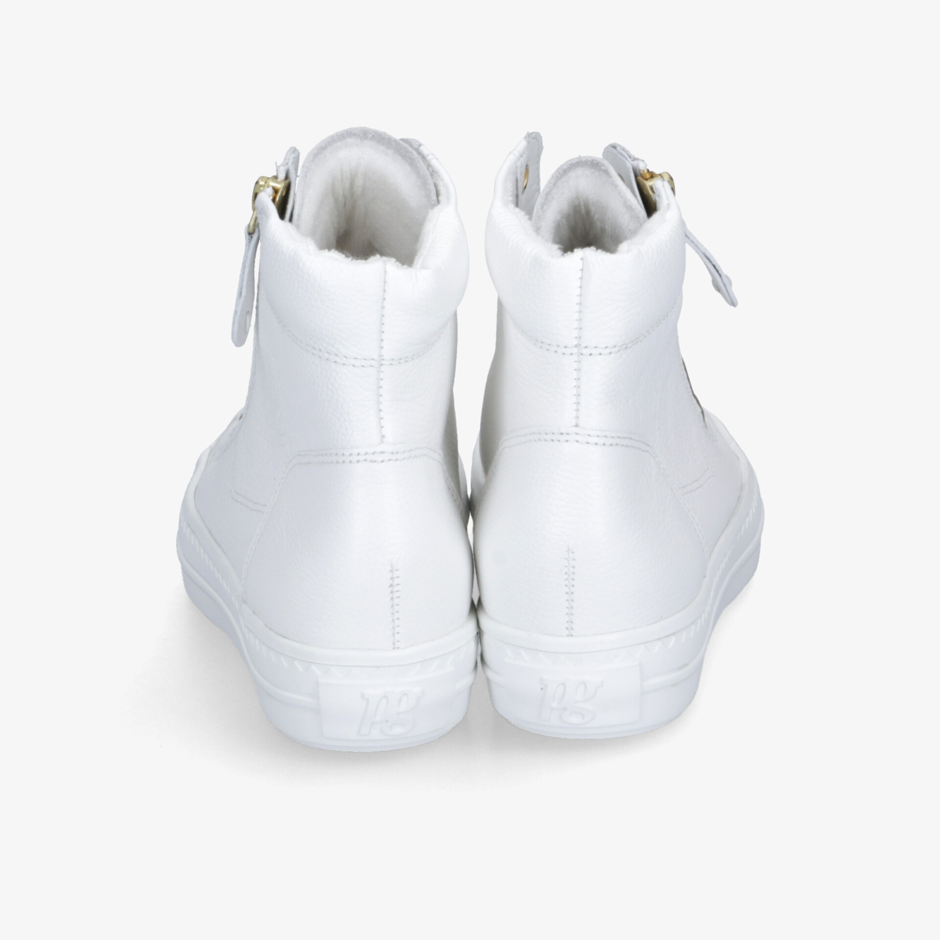 Weiße Sneaker mit hohem Schaft und Reißverschluss in klarer Rückansicht, modernes und bequemes Design