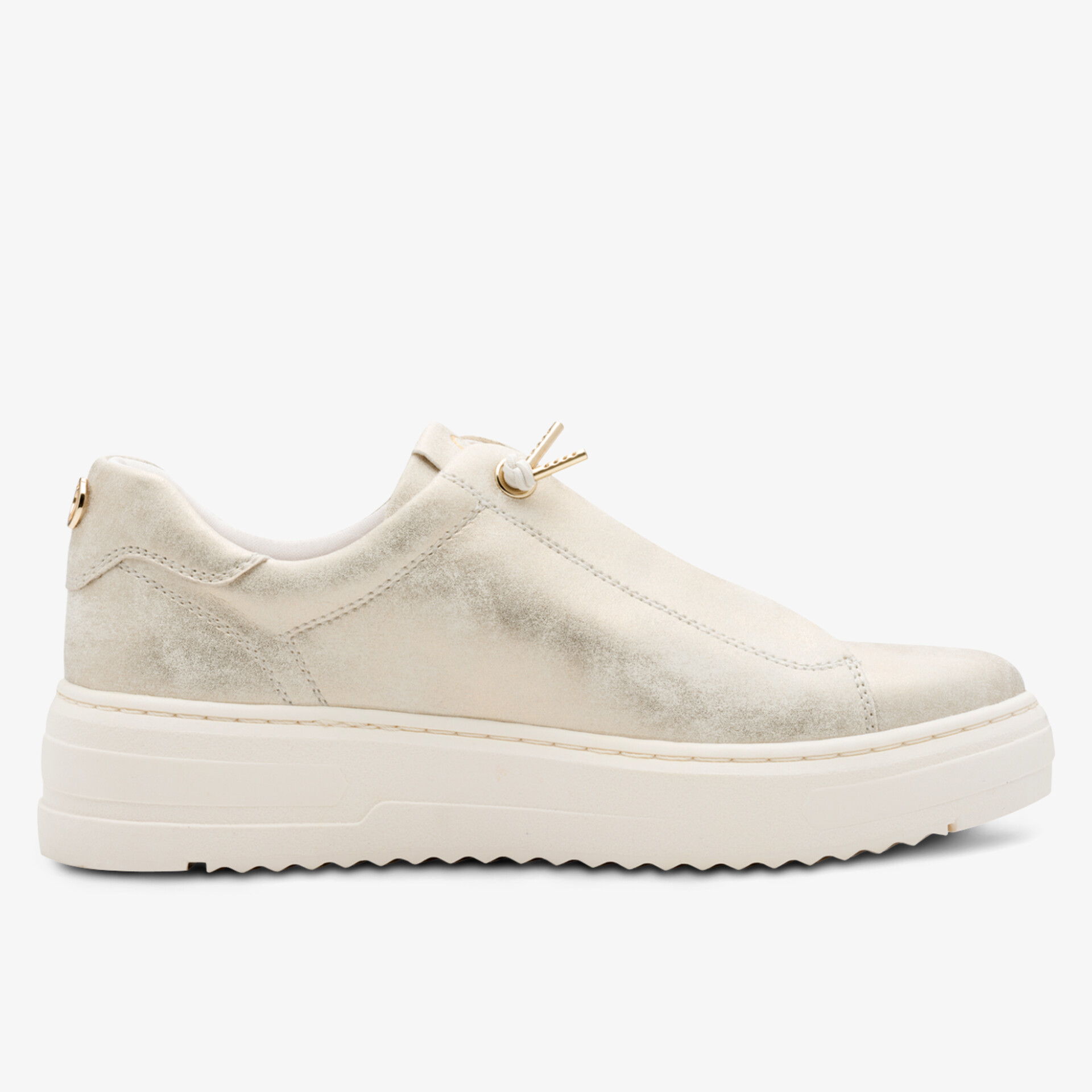 Seitliche Ansicht eines weißen bequemen Sneakers mit gepolstertem Schaft und rutschfester Sohle für Alltag und Sport