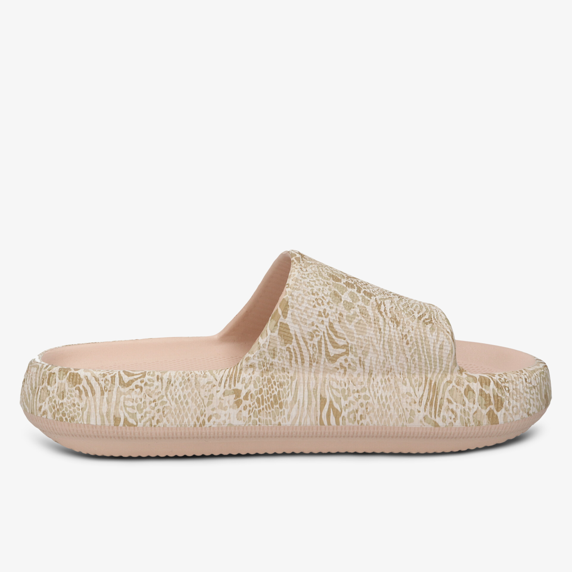 Bequemer beiger Slide mit gemustertem Obermaterial und rutschfester Sohle, klare seitliche Ansicht