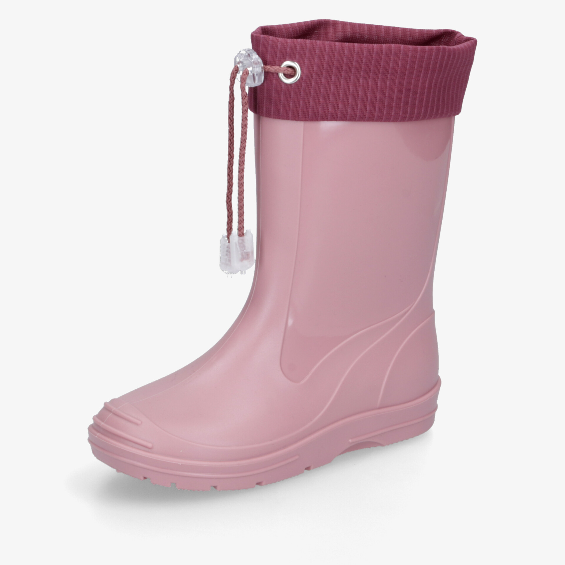 Rosa Regenstiefel mit seitlicher Ansicht, rutschfeste Sohle und verstellbarem Kordelverschluss für optimalen Komfort