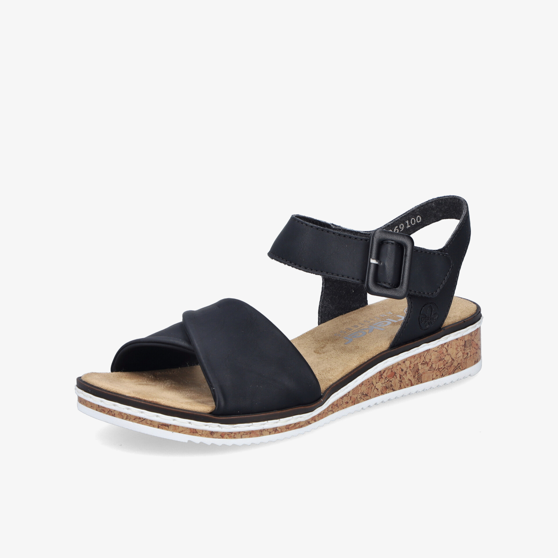 Schwarze Sandalette mit verstellbarem Riemen und komfortabler Korksohle für leichten und bequemen Tragekomfort