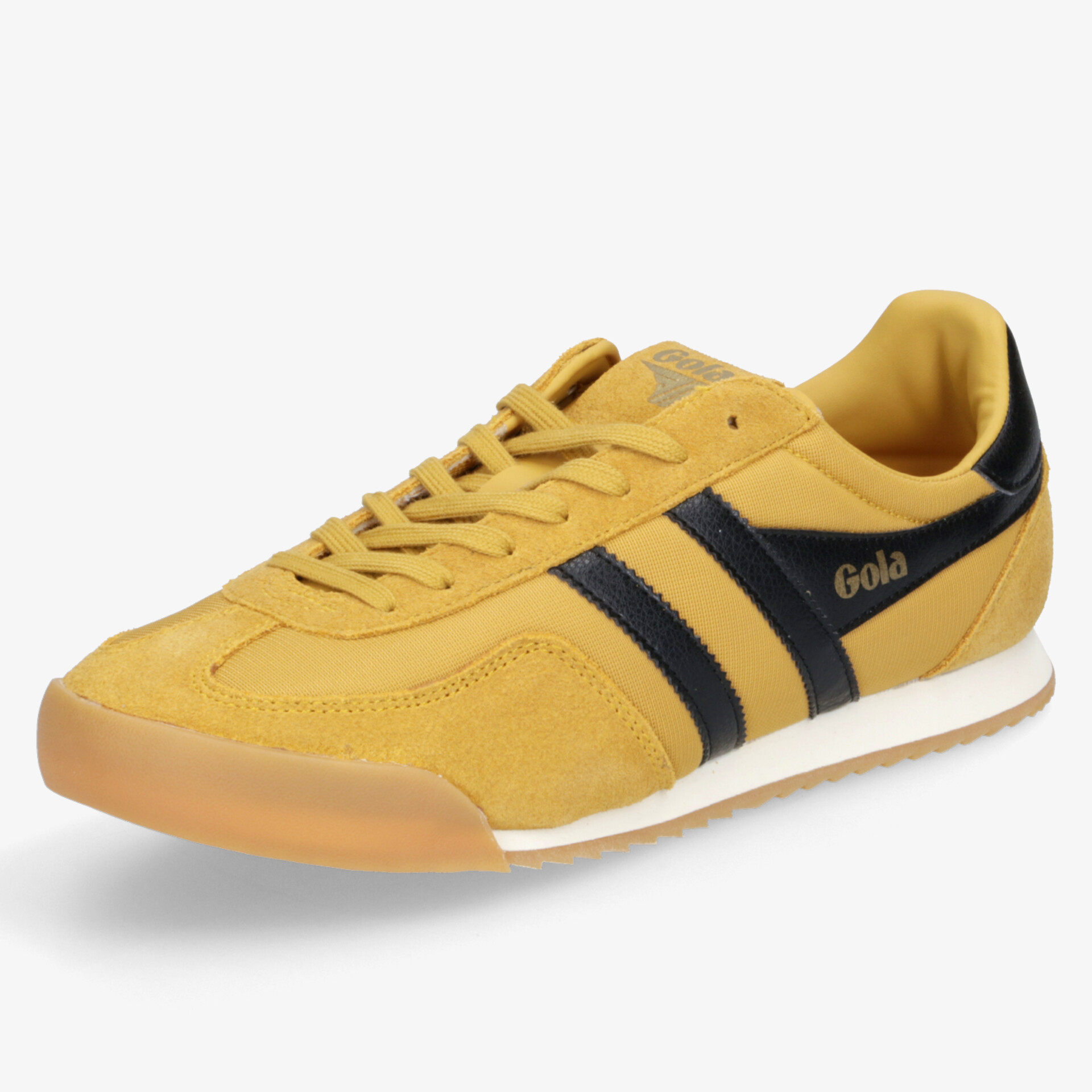 Gelber sportlicher Sneaker mit schwarzem Streifen und rutschfester Sohle, bequem und leicht