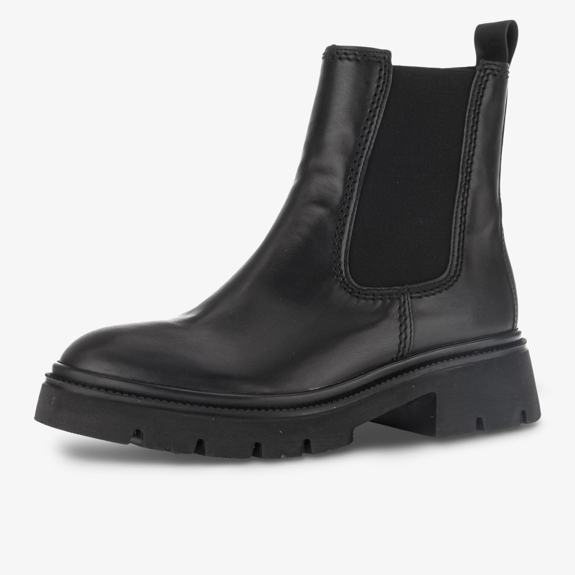 Schwarzer Chelsea Boot mit elastischen Seiteneinsätzen und robustem Blockabsatz für komfortablen Alltag
