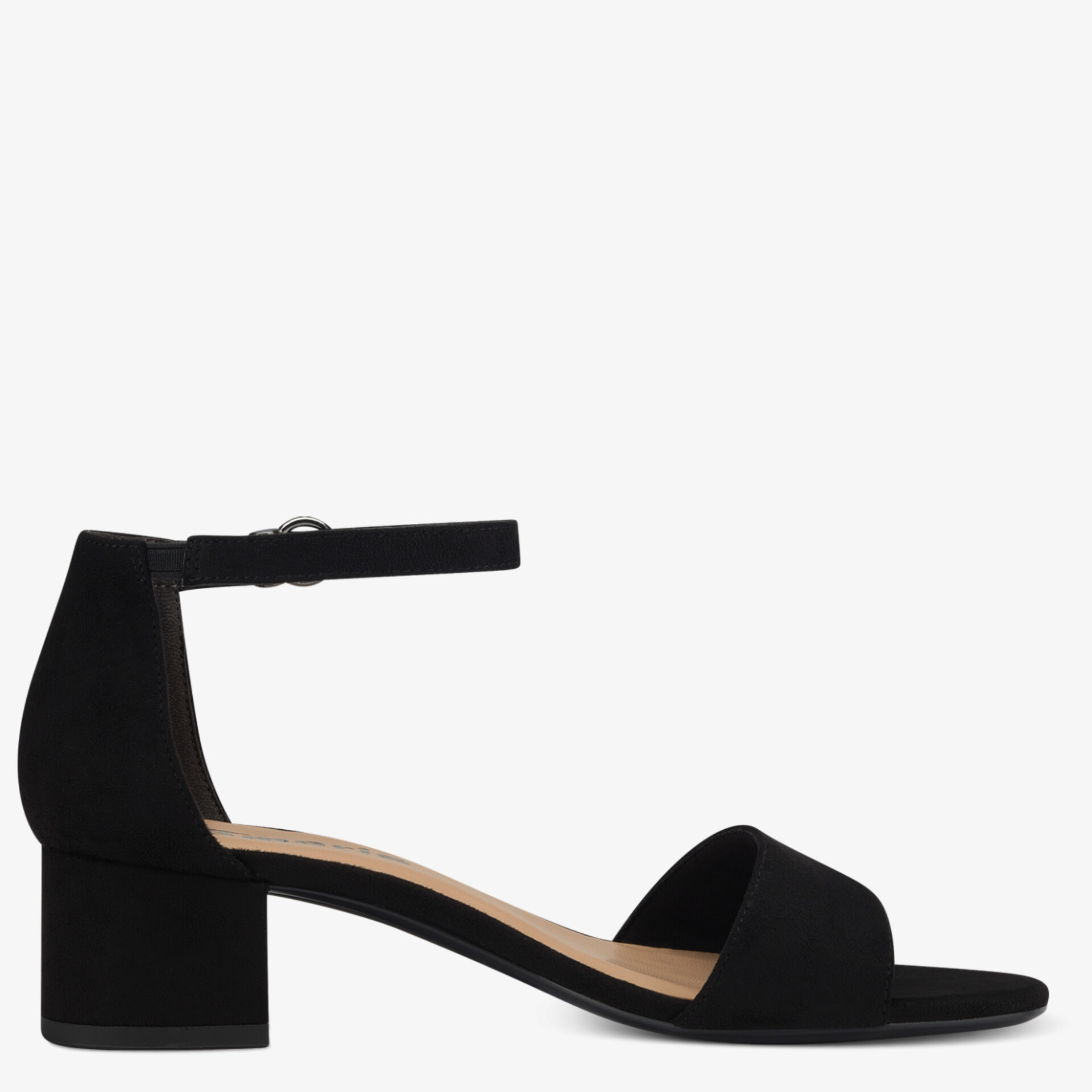 Elegante schwarze Sandale mit Blockabsatz und verstellbarem Knöchelriemen für Komfort und stilvollen Auftritt.