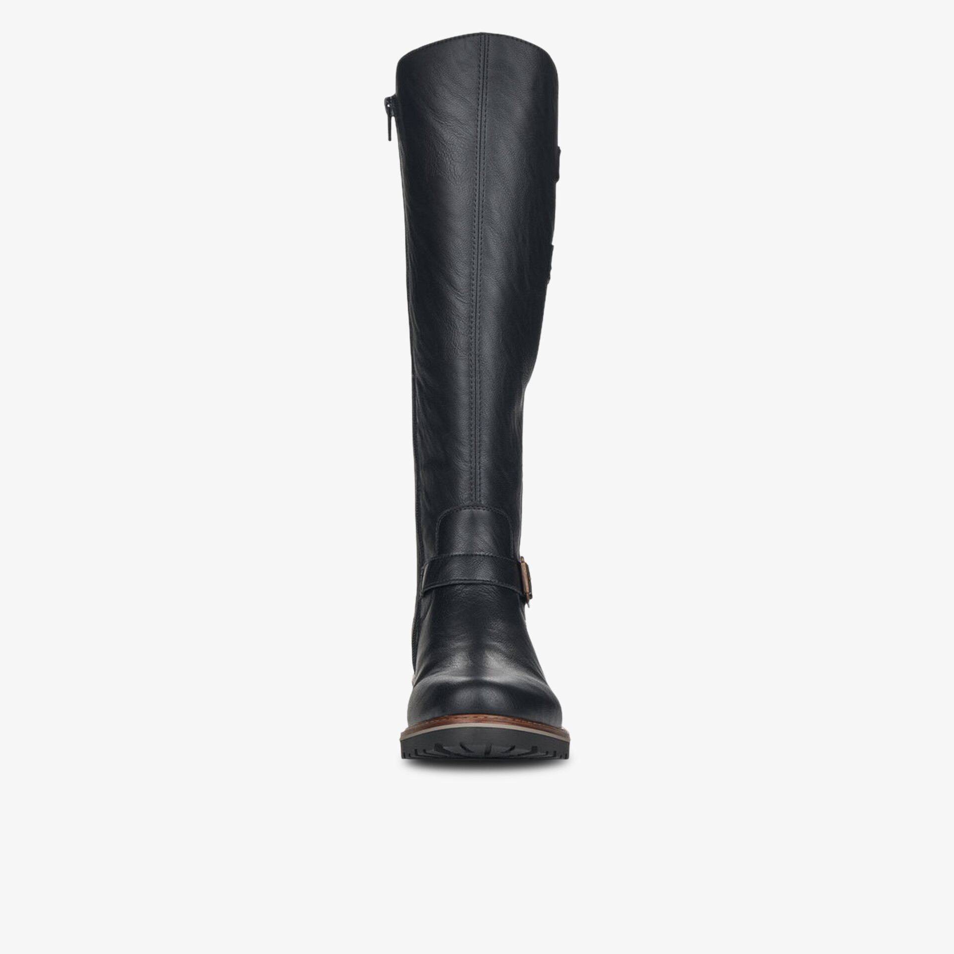 Schwarzer hoher Stiefel aus glattem Leder mit robustem Absatz in Frontansicht