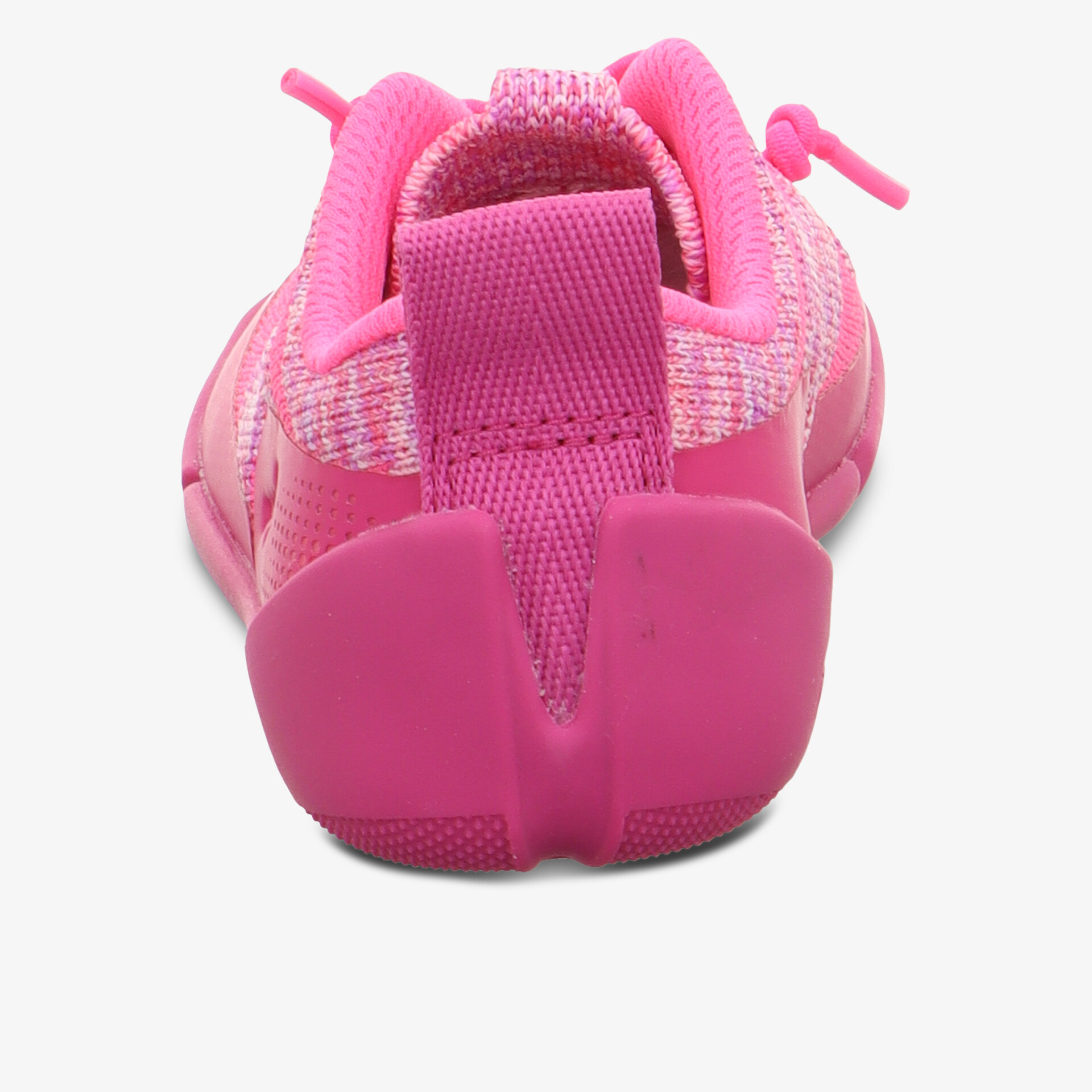 Rückansicht eines bequemen, pinkfarbenen Sportschuhs mit elastischem Verschluss und flexibler Sohle
