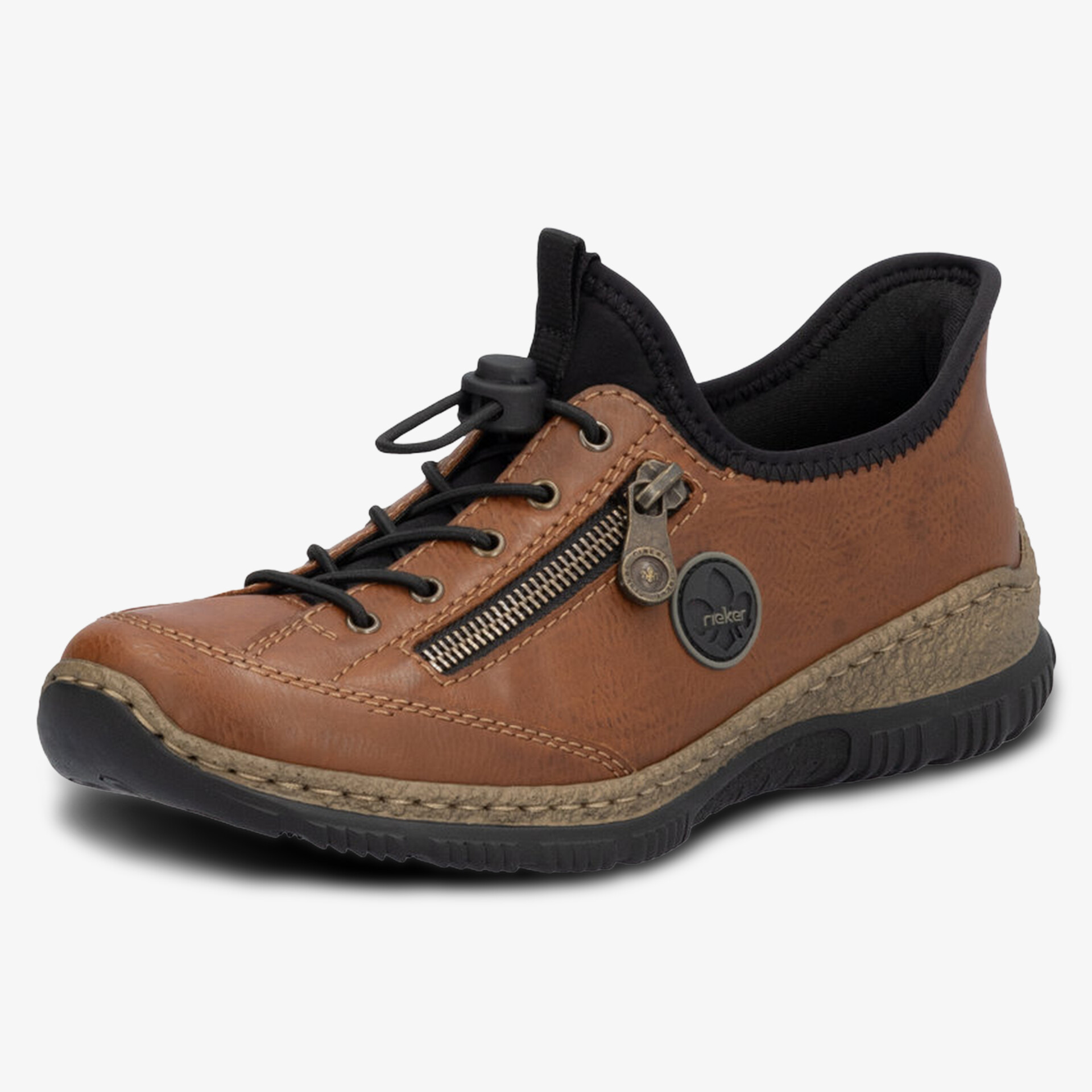 Bequemer brauner Lederschuh mit seitlichem Reißverschluss und profilierter Sohle für sportlichen Komfort