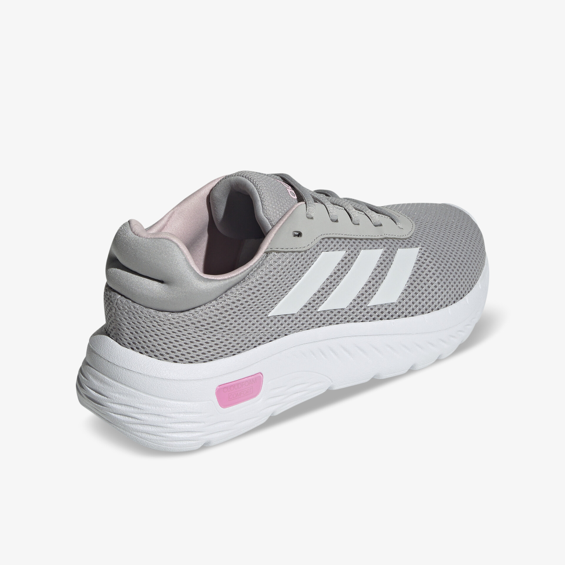 Leichter Sportschuh in Grau mit atmungsaktivem Mesh und rutschfester weißer Sohle, bequem gepolstert