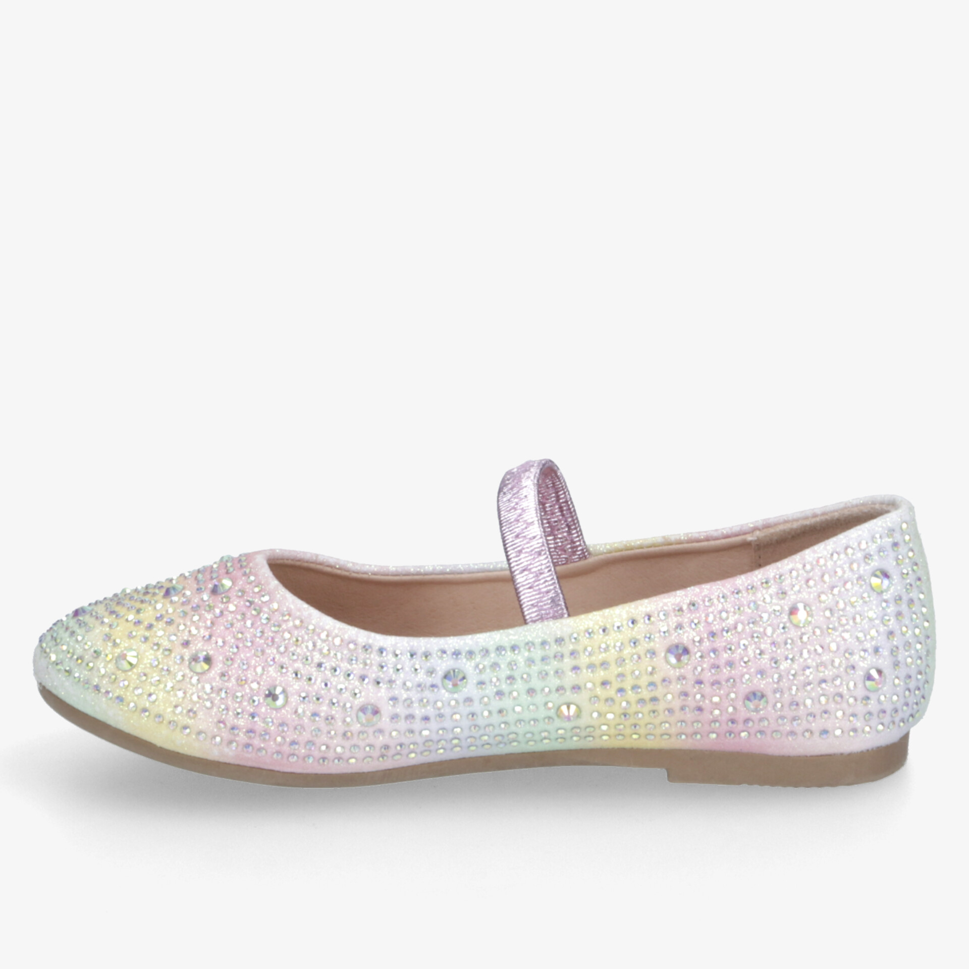 Eleganter, glitzernder Schuh mit buntem Design und flachem Absatz für stilvollen Komfort.