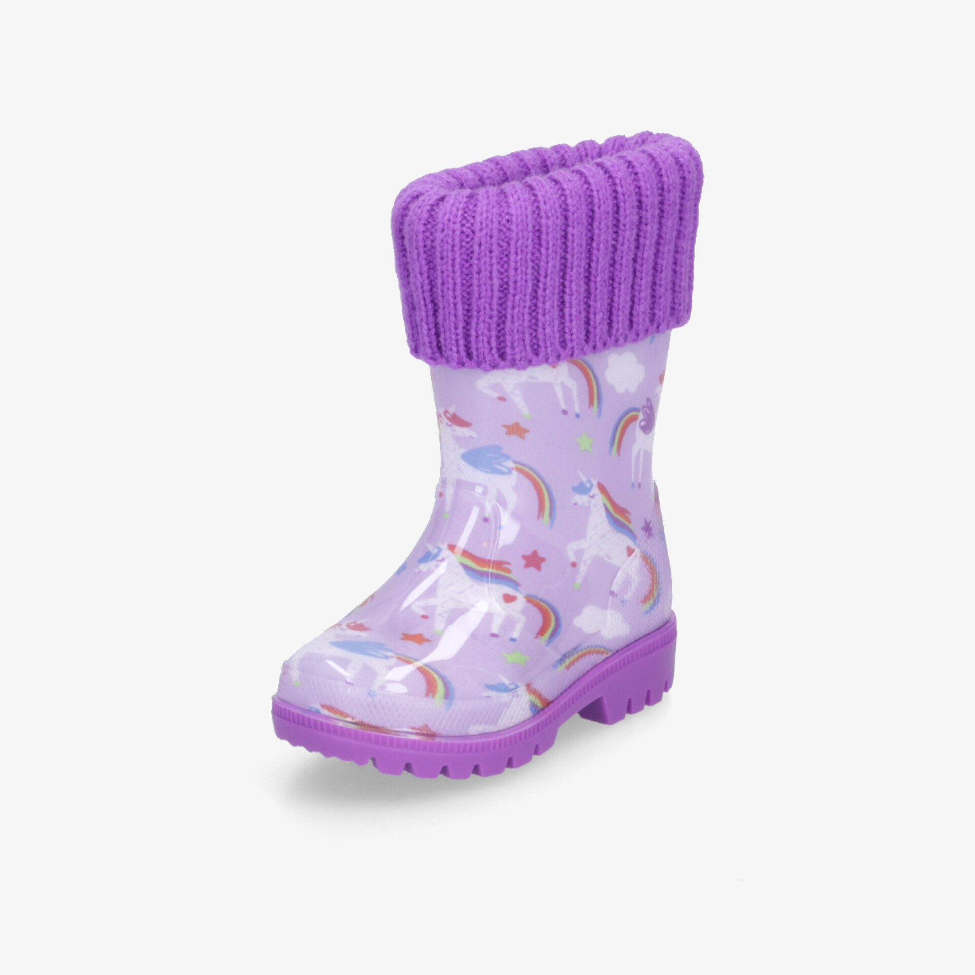 Lila Gummistiefel mit Einhornmuster und warmem Strickbund, wasserdicht und rutschfest für sicheren Halt